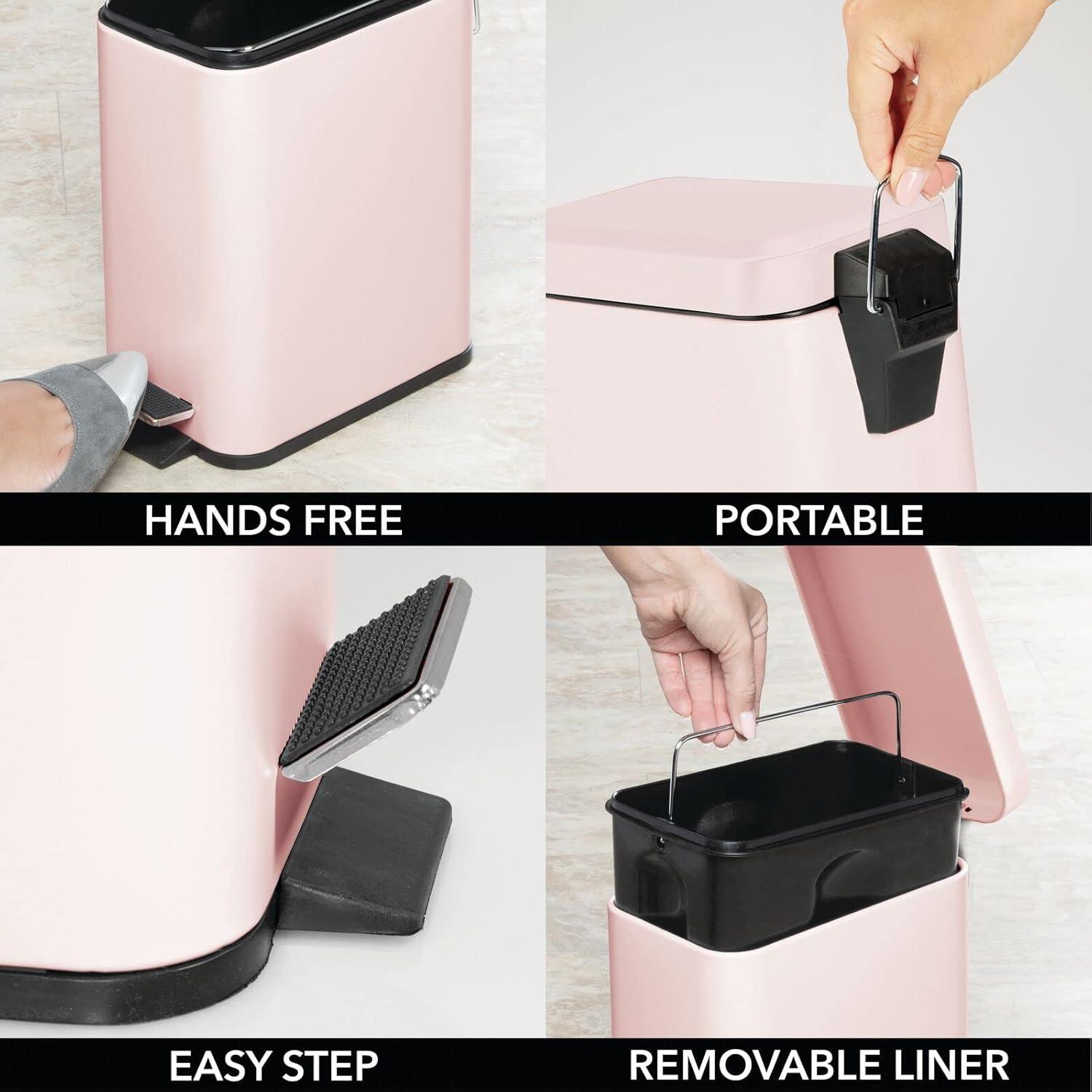 mDesign Small 1.3 Gallon Rectangle Metal Step Can, Liner/Handle, Light Pink