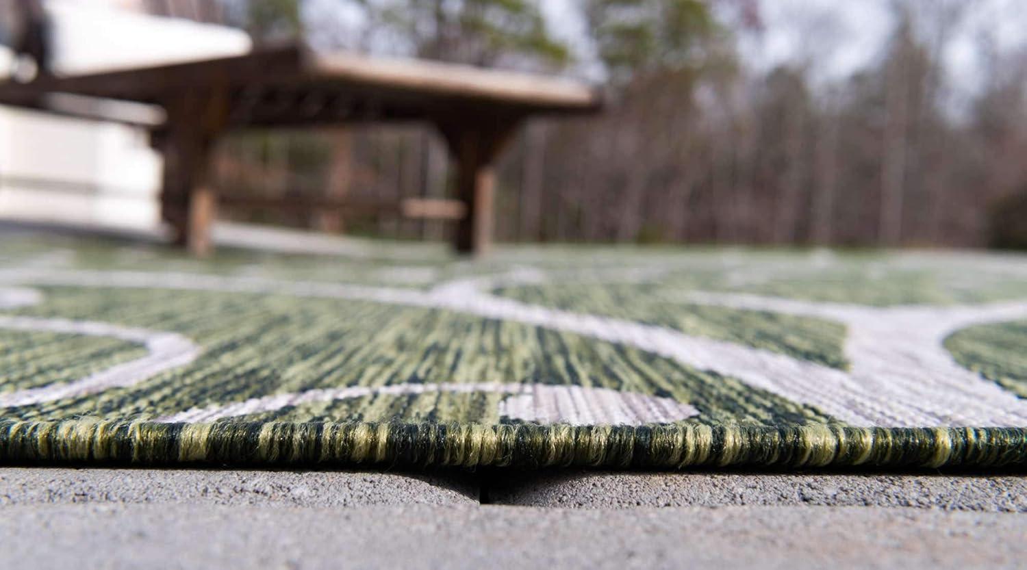 Green and Ivory Abstract Outdoor Runner Rug