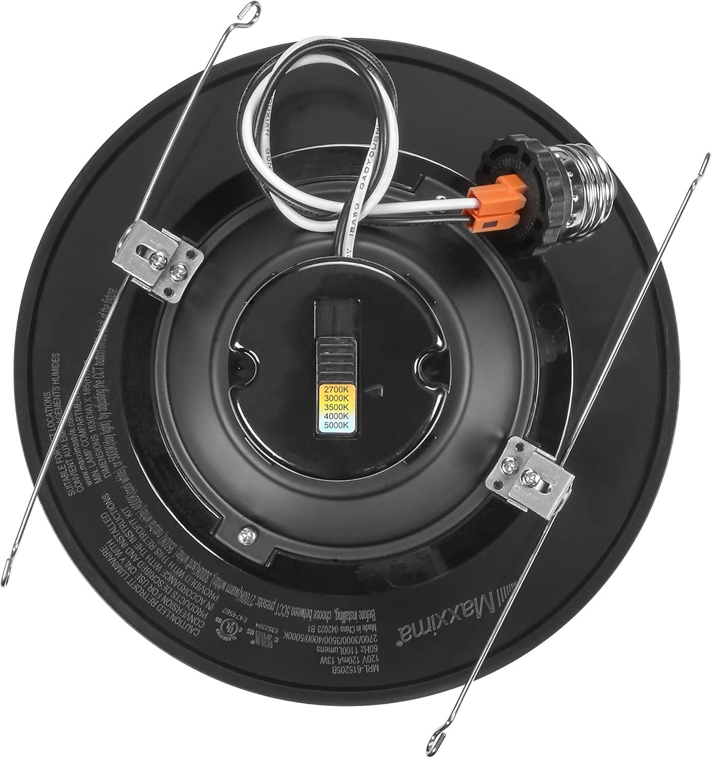 Maxxima 5" & 6" 5 CCT Retrofit LED Downlight - 1100 Lumens, E-26 Quick Connect, Dimmable, Black Trim.