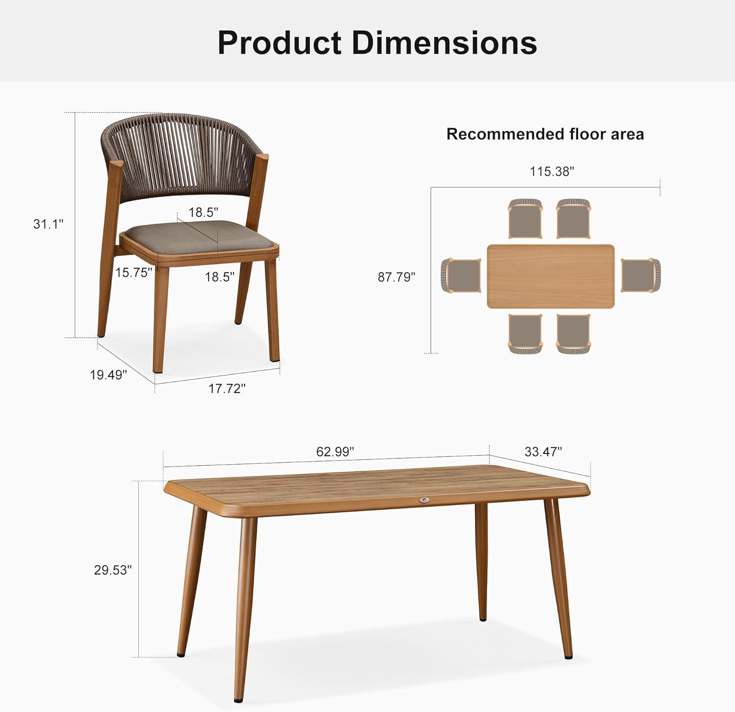 7-Piece Aluminum Wicker Dining Table and Chairs Patio Outdoor Dining Set Teak Patio Furniture Set with Cushions, Brown