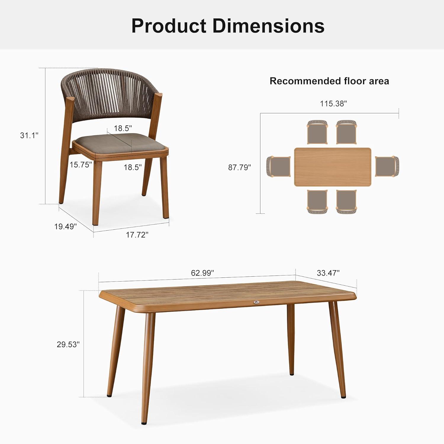 7-Piece Aluminum Wicker Dining Table and Chairs Patio Outdoor Dining Set Teak Patio Furniture Set with Cushions, Brown