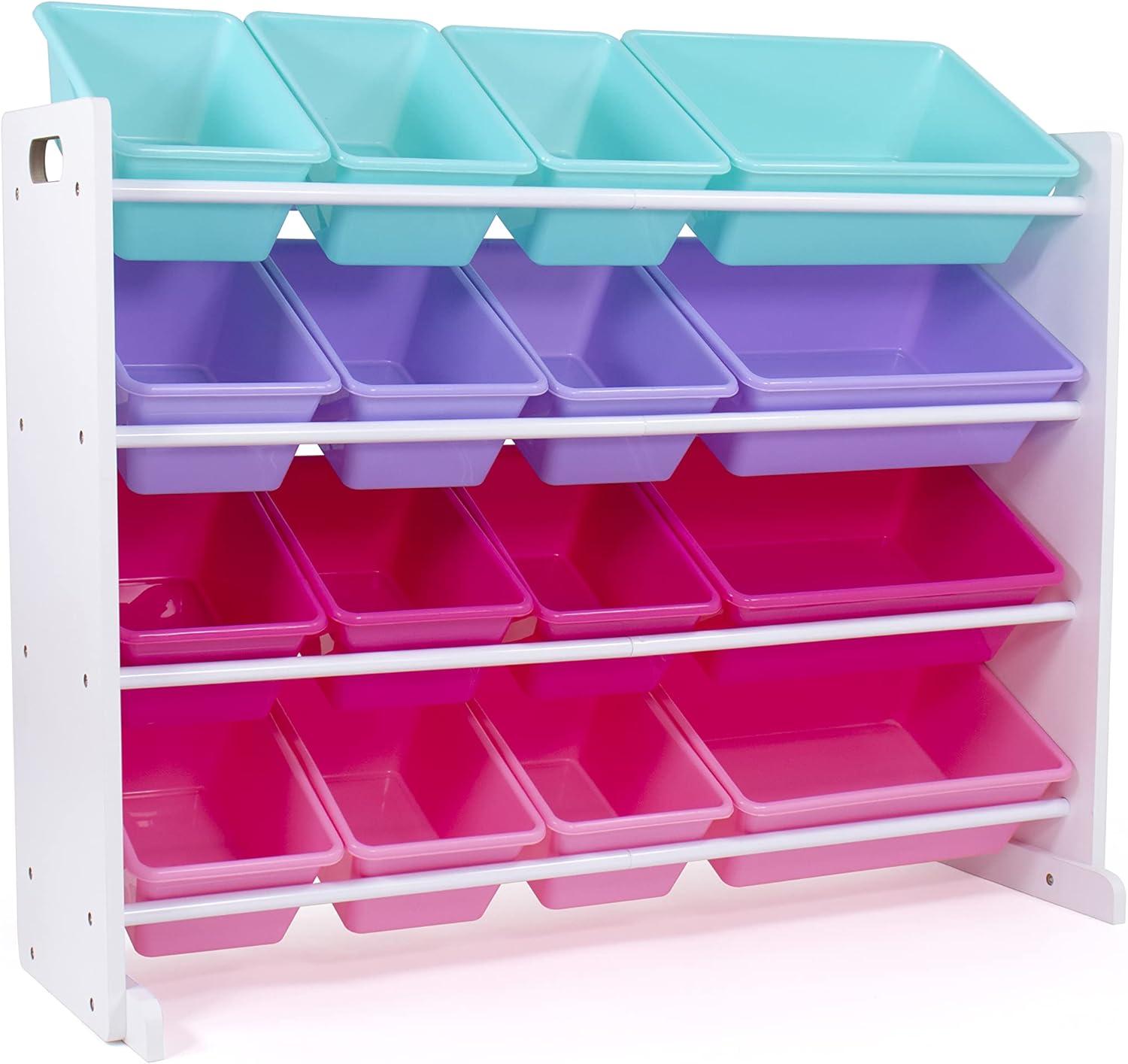 Humble Crew Forever Supersized Toy Storage Organizer with 16 Plastic Storage Bins, White/Pink/Purple/Turquoise