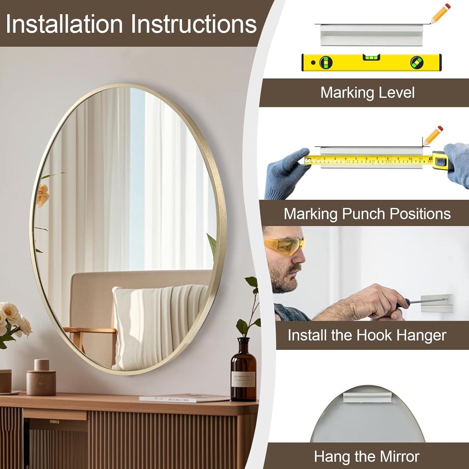24x36 inch Oval Mirror, Brushed Gold Oval Wall Mirror, Metal Frame Pill Mirror, Gold Bathroom Mirrors for Over Sink, Entryway, Bedroom, Living Room(Horizontally or Vertically)