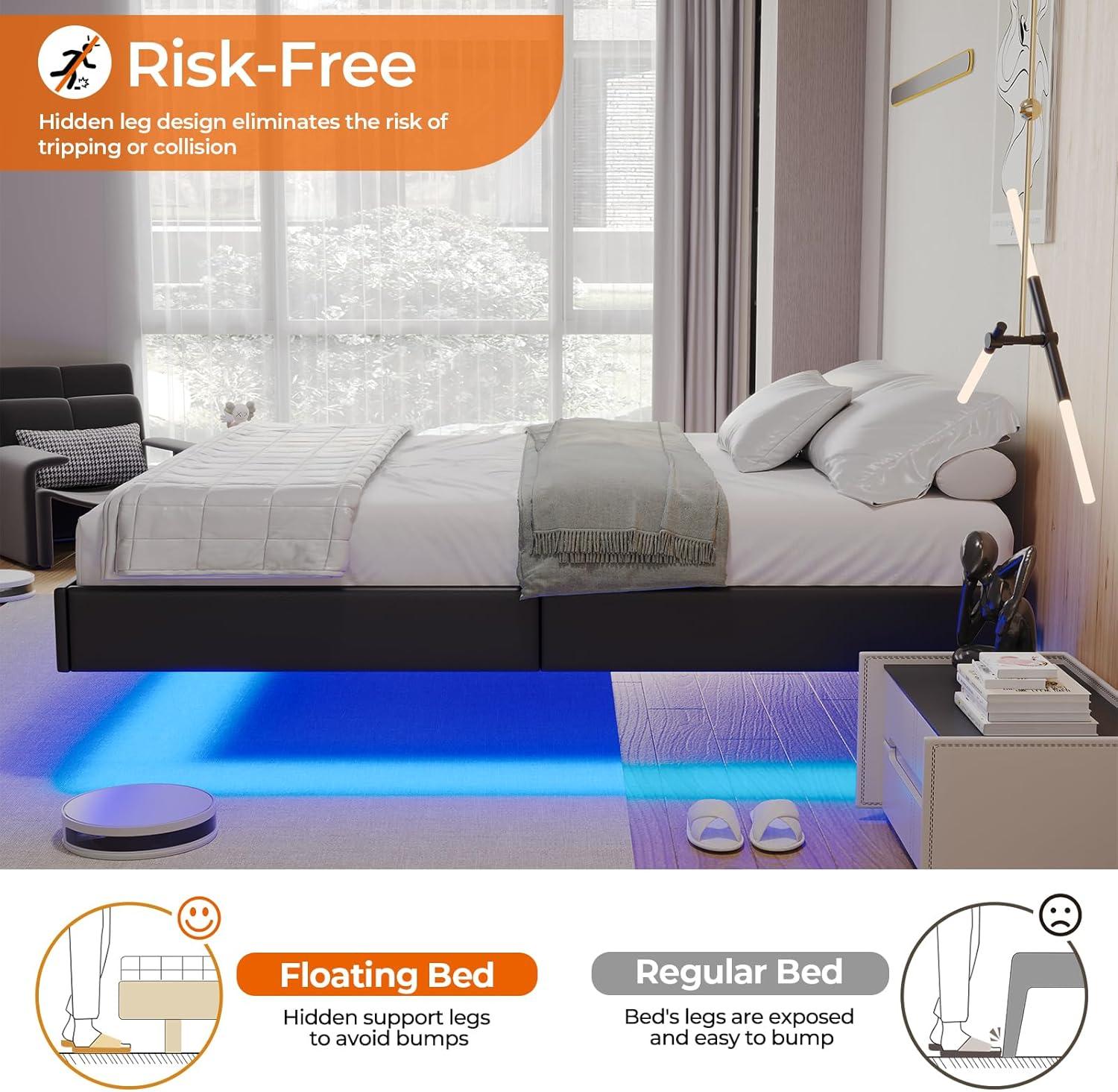 Hasuit Floating Bed Frame Queen Size Floating Queen Bed Frame with LED Lights Modern LED Queen Platform Bed Frame with Solid Wood Slats, No Box Spring Needed, Noise-Free, Without Headboard, Black