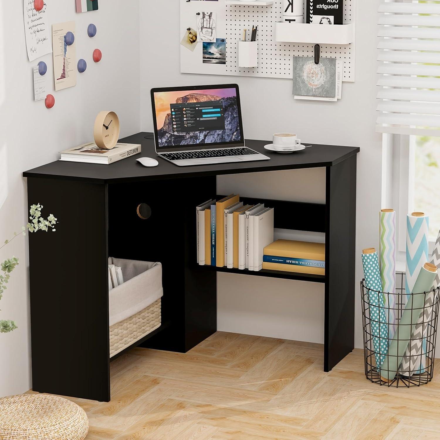 Costway Corner Computer Desk Triangle Writing Workstation w/ Storage Shelf Black