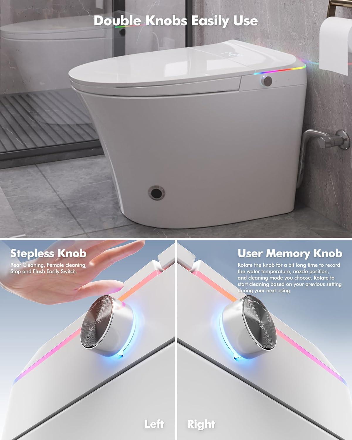 Smart Toilet with Built-in Bidet, Heated Seat, Auto Flush, Auto Open & Close Lid, Warm Water, Dryer, Foot Sensor, Nightlight, Wireless Remote Control