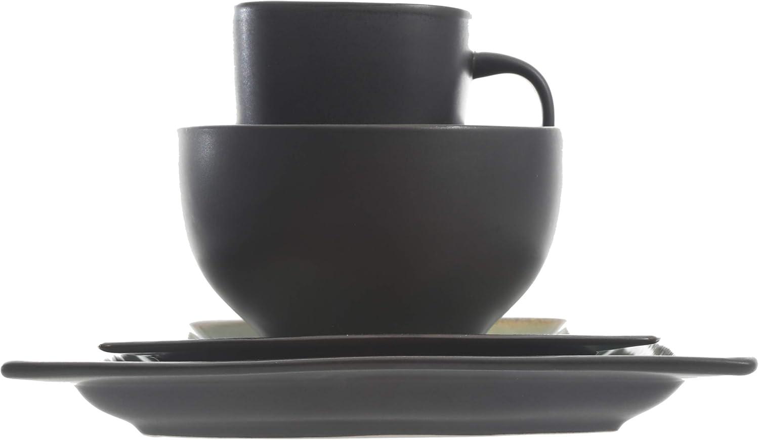 Green and Black Square Ceramic Dinnerware Set, Service for 4