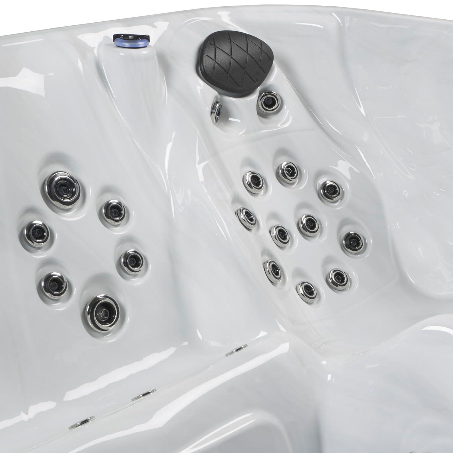Amplified 6-Person 100-Jet Double-Lounger Hot Tub Spa with Bluetooth Stereo, 3 Pumps, LED Lighting, Stainless Steel Heater and Ozonator, Insulated Cover and Steps Included