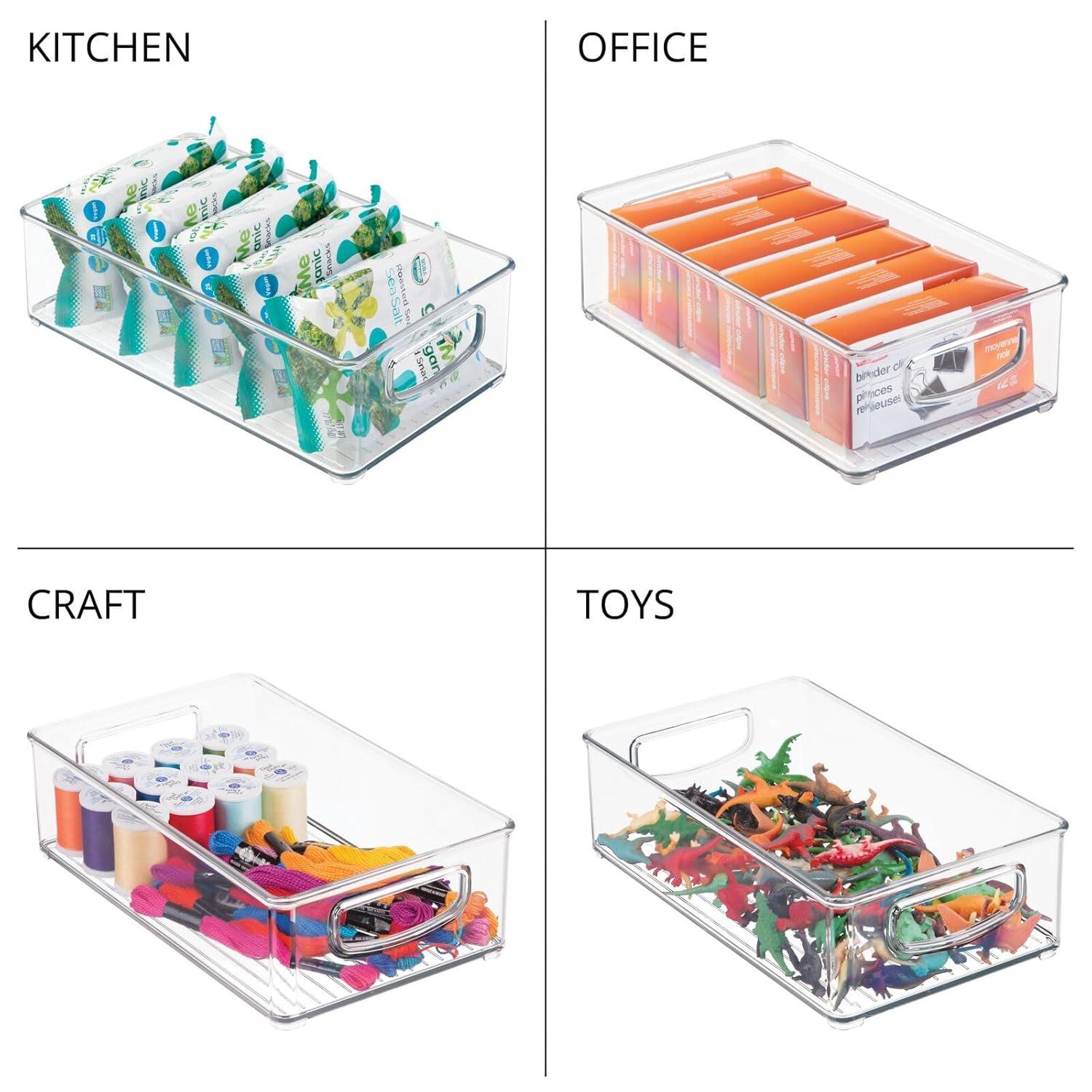 mDesign Small Plastic Office Storage Container Bins w/Handles for Organization in Filing Cabinet, Closet Shelf, Desk Drawers, Organizer for Notes, Pens, Pencils - Ligne Collection, 4 Pack - Clear