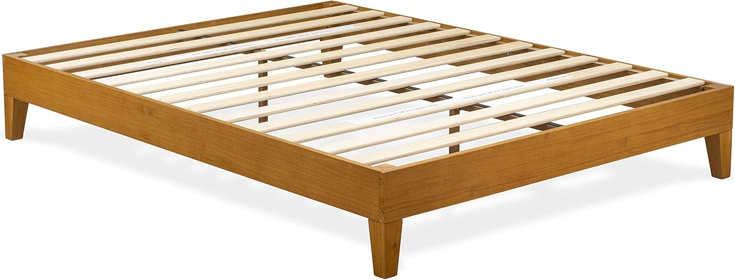 Oak Finish Queen Size Platform Bed Frame with Linen Upholstery