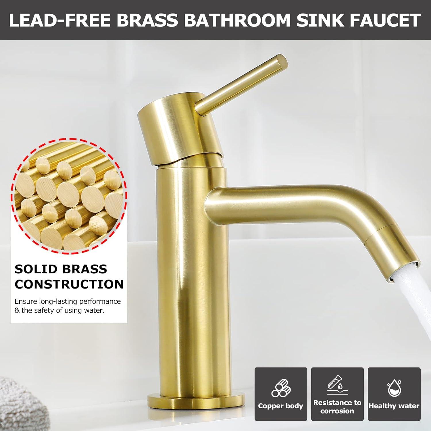 Brushed Gold Brass Single Handle Bathroom Faucet with Pop-Up Drain