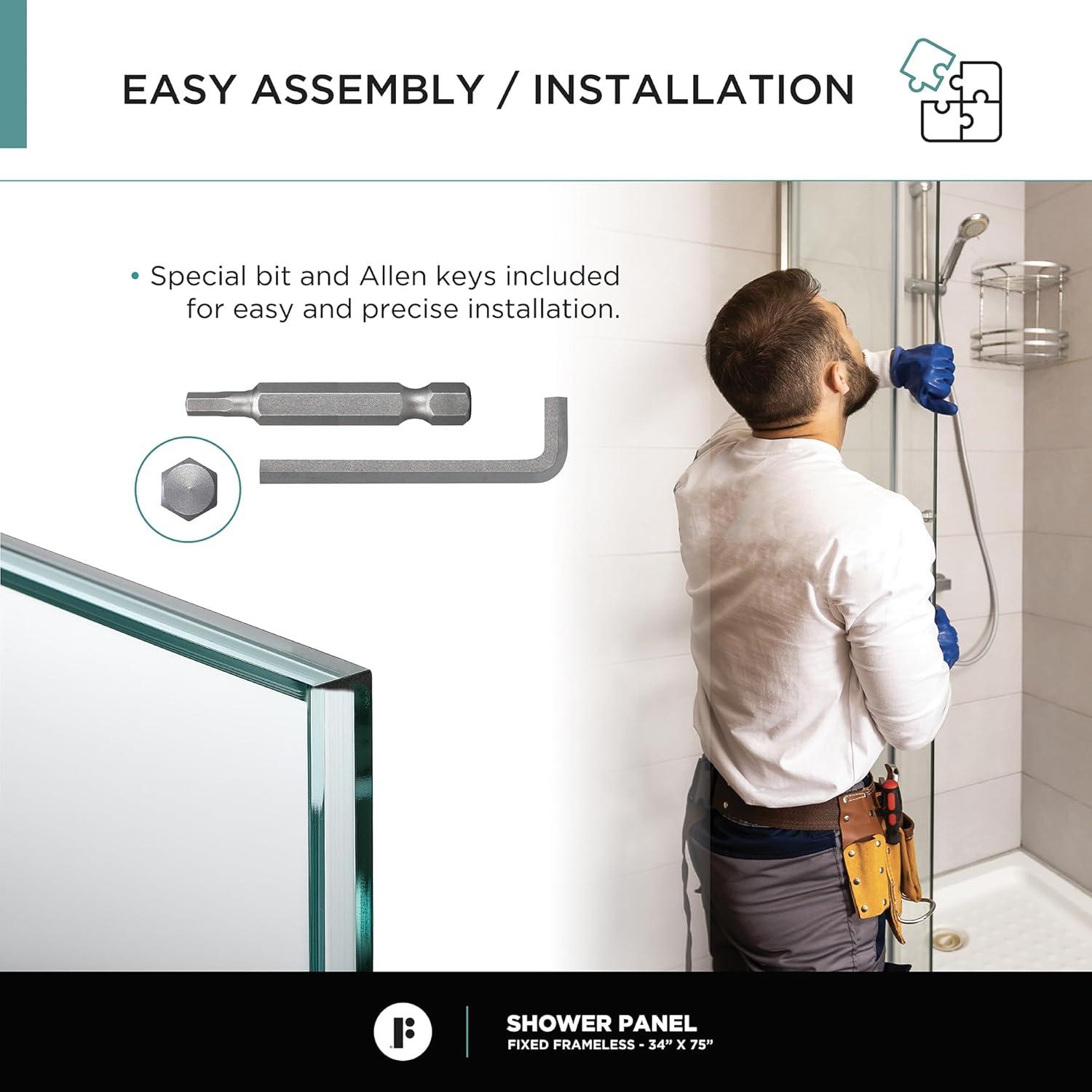 34'' W x 74.25'' H Semi-Frameless Fixed Glass Panel