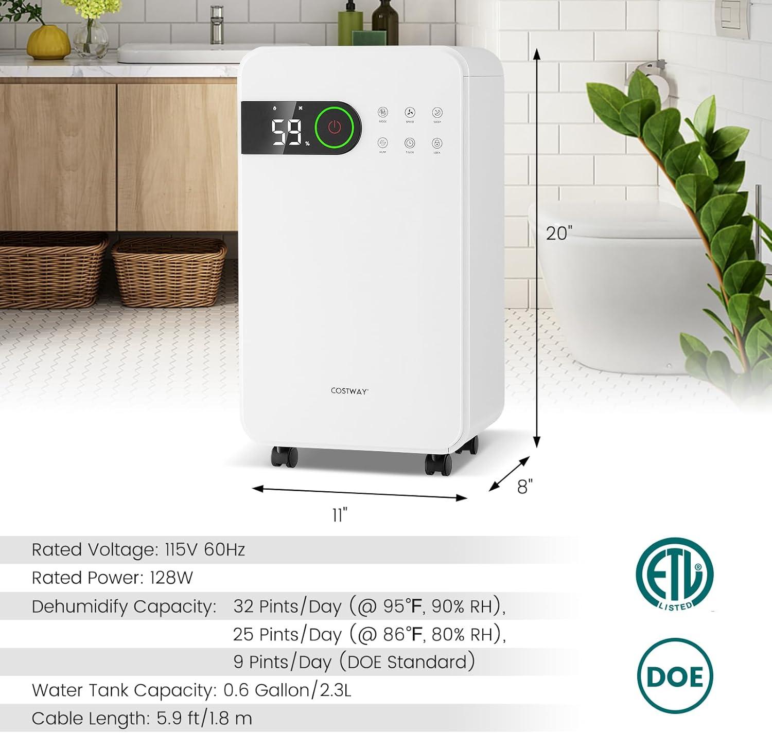 Costway Dehumidifier for Home Basement Portable 32 Pints with Sleep Mode up to 2500 Sq. Ft