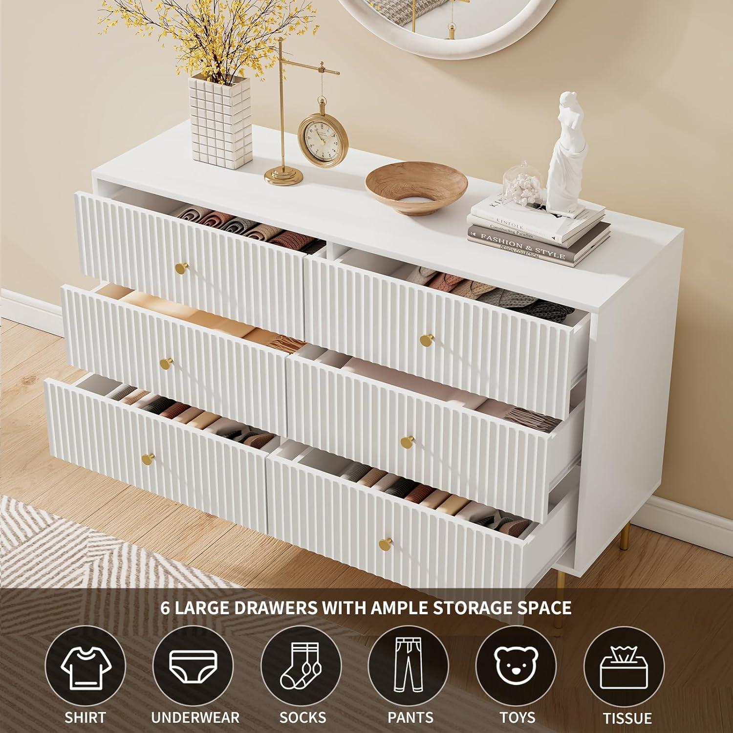 6 Drawer Dresser for Bedroom,Modern Bedroom Dresser,Fluted White and Gold Dresser with Curved Profile Design