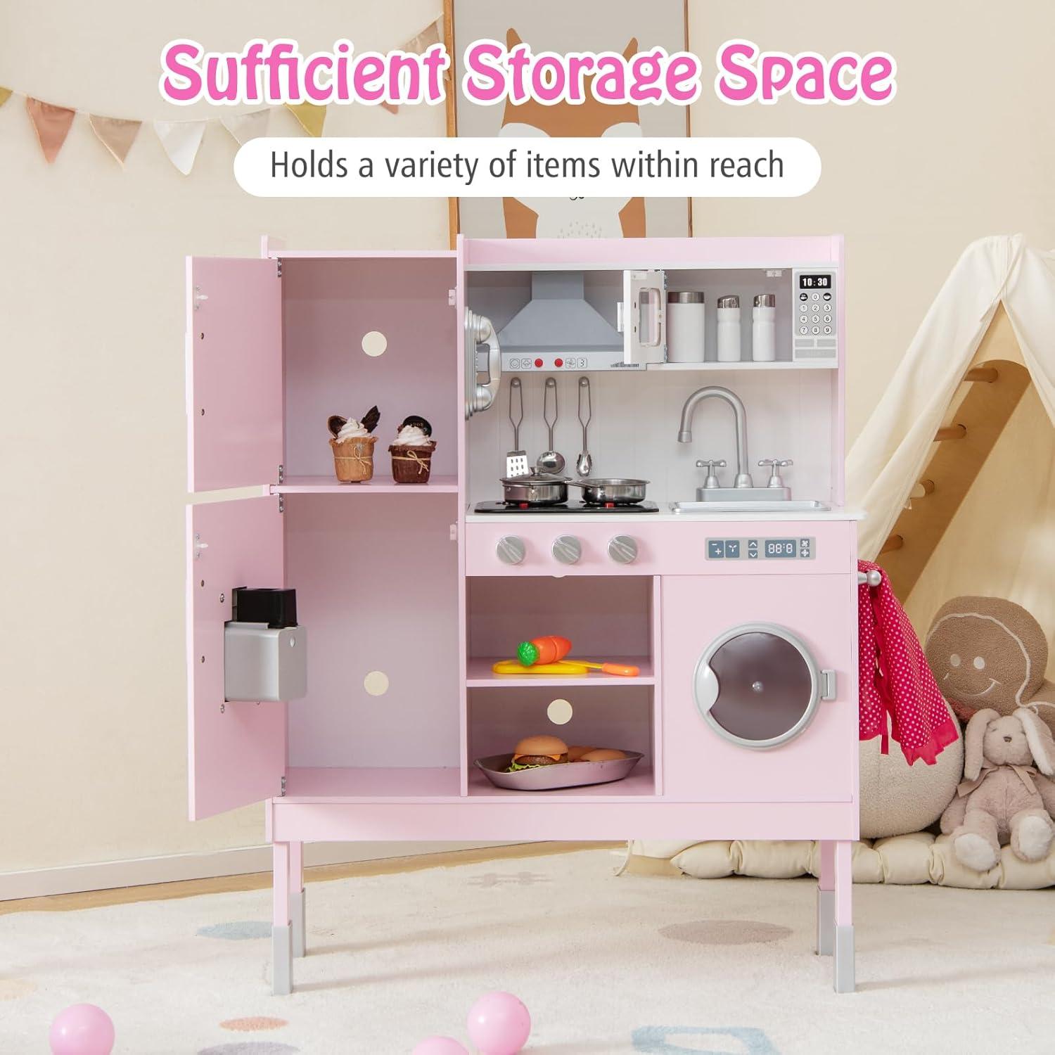 Pink Adjustable Height Wooden Kids Play Kitchen Set