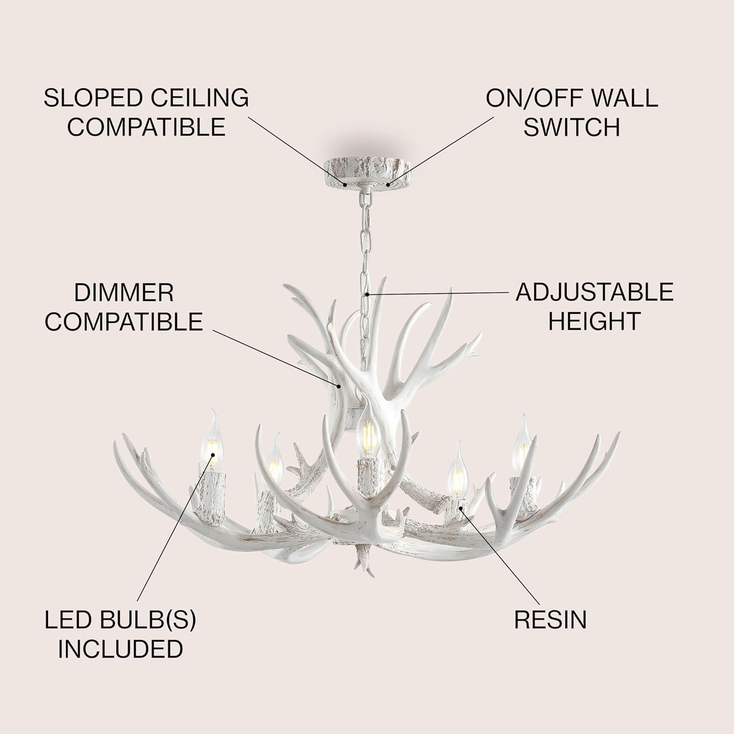 JONATHAN Y Eldora 30" Adjustable Resin Antler 5-Light LED Chandelier, White