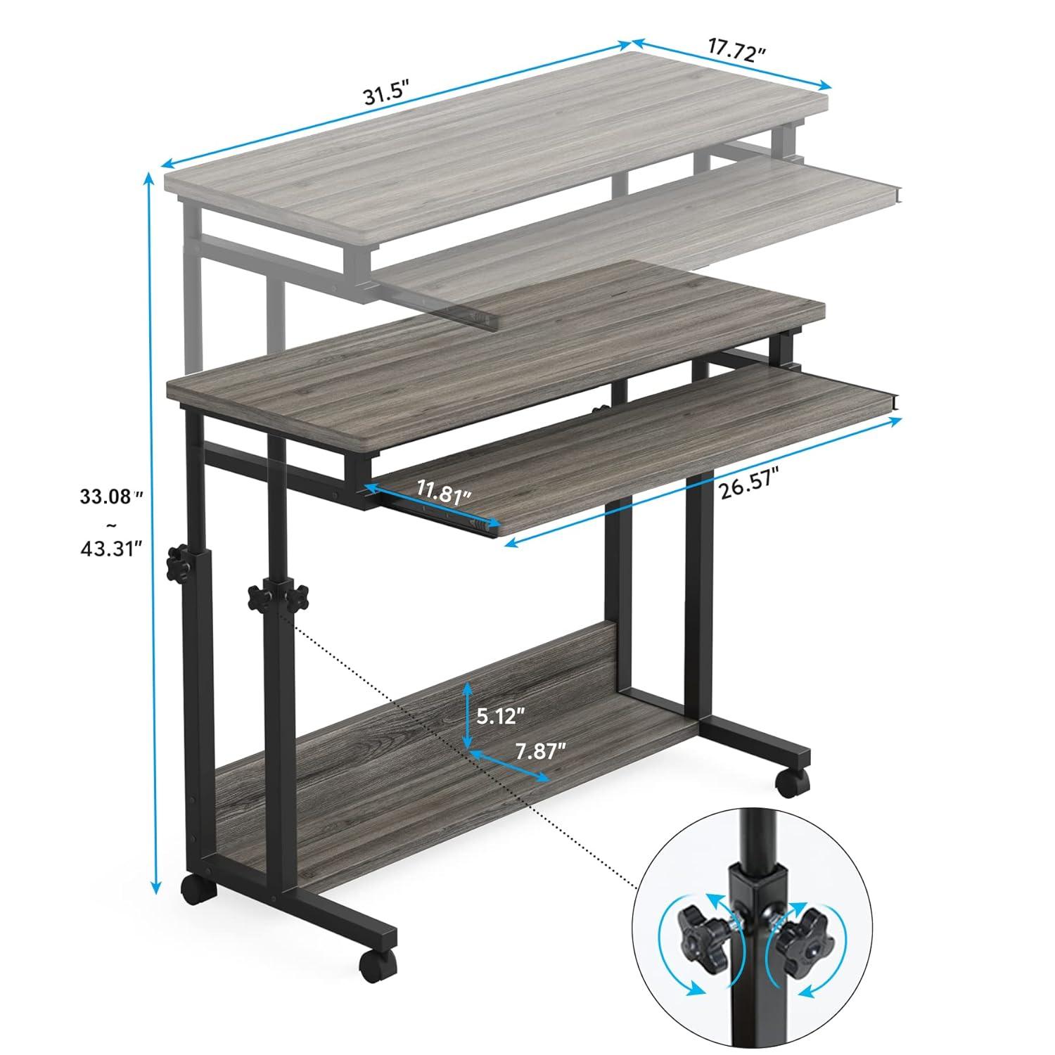 Tribesigns Portable Desk for Sofa and Bed, Height Adjustable Mobile Laptop Table Small Standing Desk Rolling Computer Cart with Keyboard Tray on Wheels for Home Office (Grey)