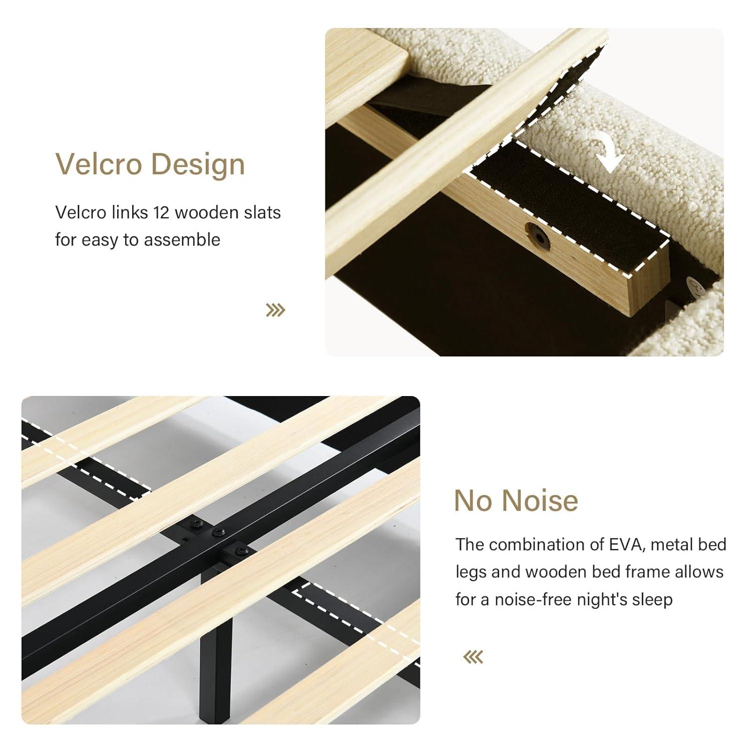 Manfred Boucle Upholstered Cloud Bed Frame with Rounded Corners Headboard, Soft Platform Bed Frame with Thickened Footboard