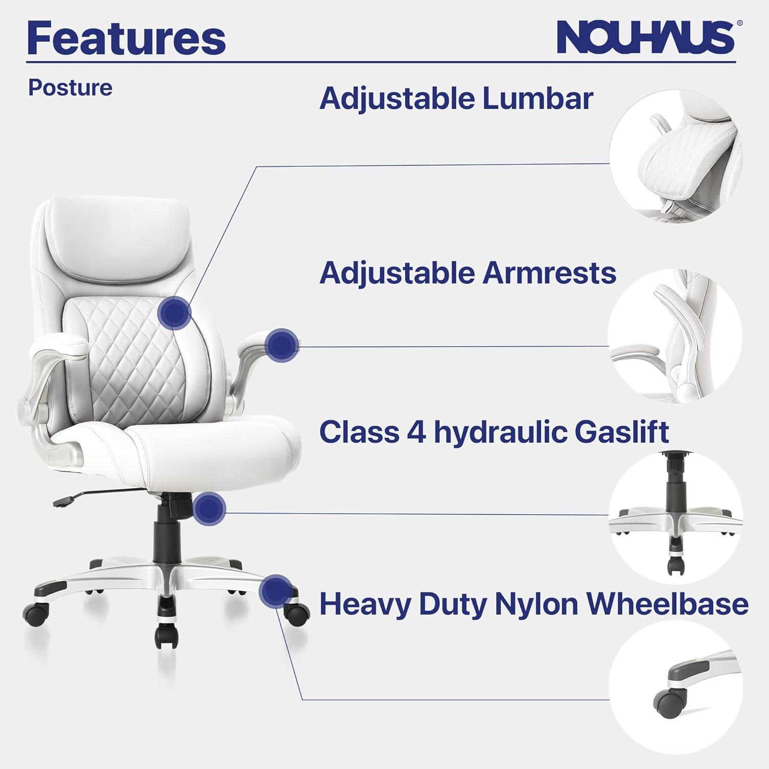 Nouhaus Posture Ergonomic PU Leather Office Chair. Click5 Lumbar Support with FlipAdjust Armrests. Modern Executive Chair and Computer Desk Chair