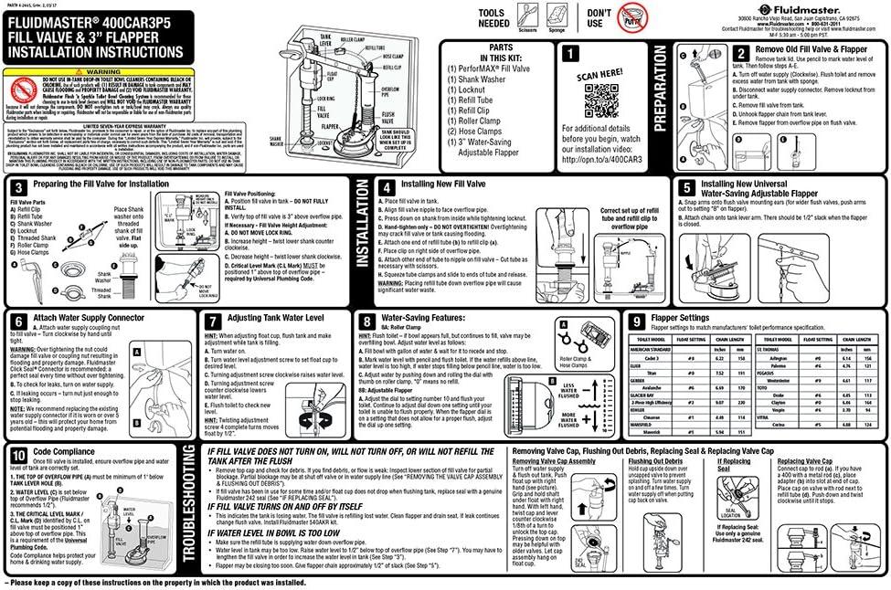 Fluidmaster Adjustable High Performance Toilet Fill Valve and 3-inch Flapper Kit