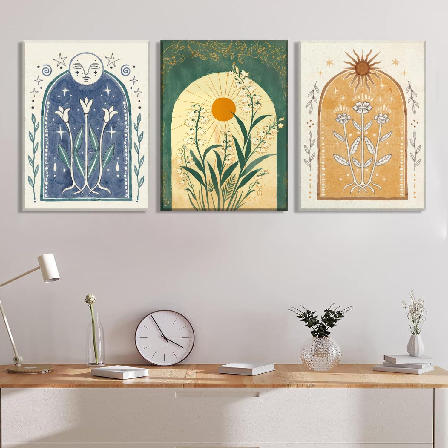 Lark Manor™ 3 Pieces Minimalism Botanical Canvas Wall Art Pink Flowers Line Plants Pictures Wall Decor Posters Print Artwork For Room Living Room Bedroom Bathroom Office Home Decoration