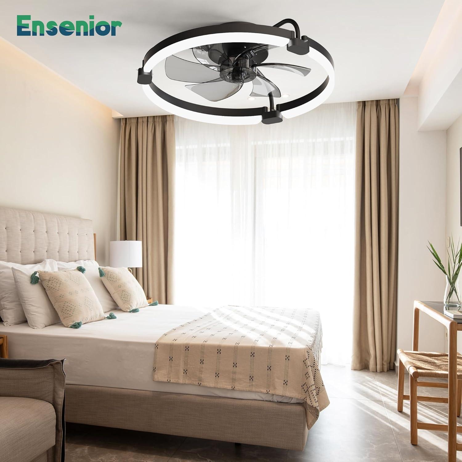 Ensenior 20'' Low Profile Ceiling Fans with Lights and Remote, Fandelier Ceiling Fan Flush Mount, APP Control, 6 Speed & 3000K-6500K Stepless Dimmable Small Ceiling Fan with Light for Bedroom - Black