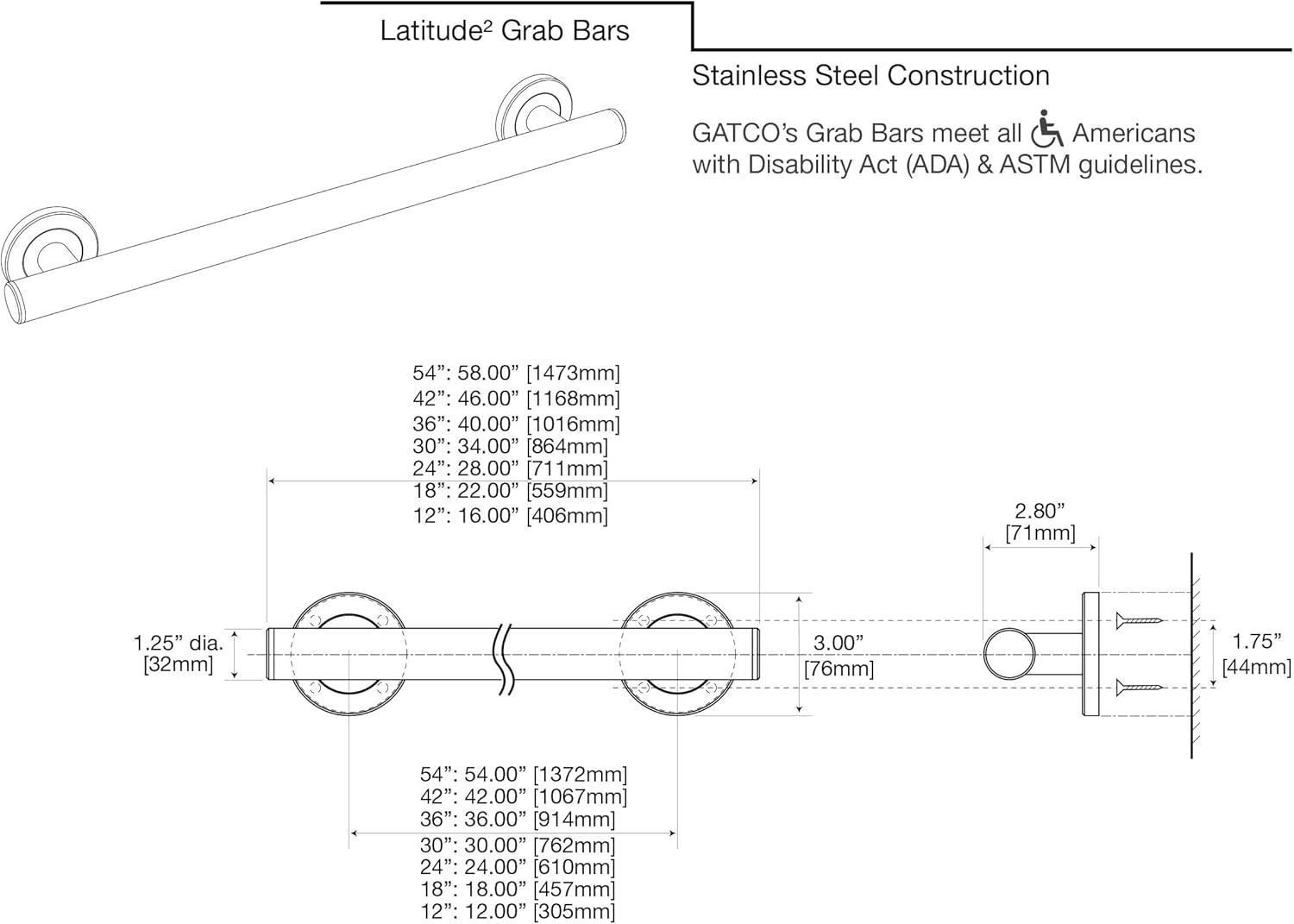 Latitude II Stainless Steel Wall Mount Grab Bar | ADA Compliant Safety Bar For Bathroom