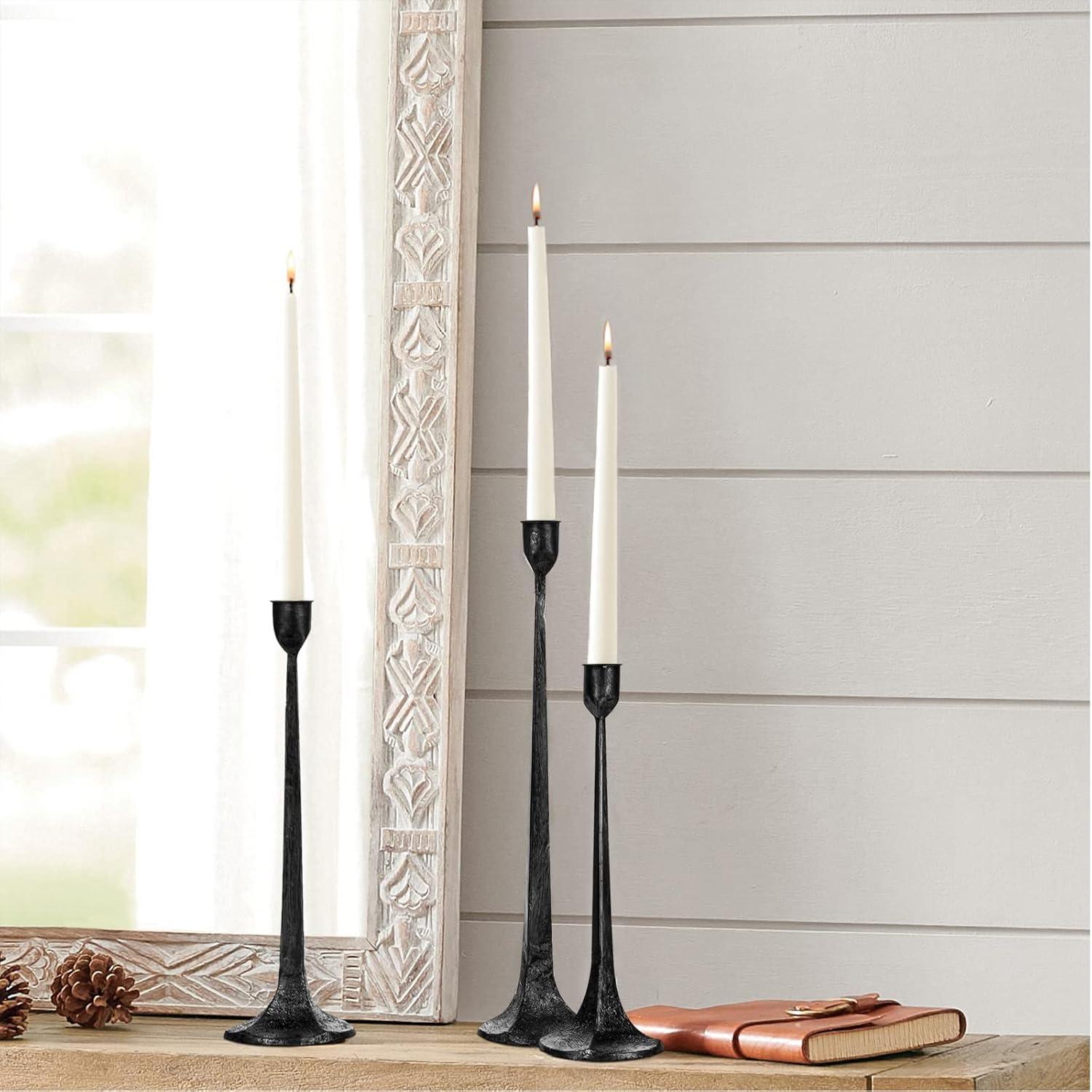 Tall Black Cast Iron Taper Candle Holder Set