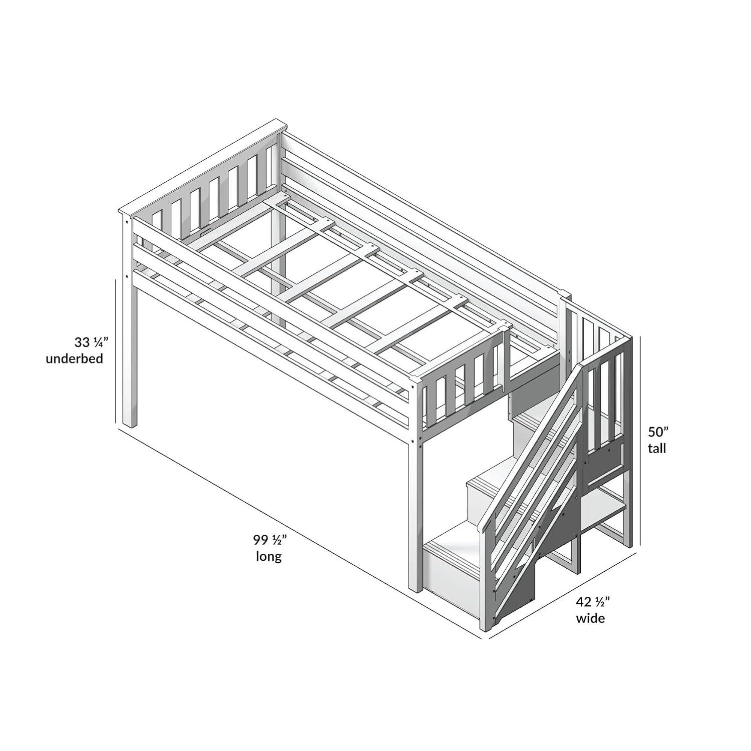 Max & Lily Twin Low Loft Bed with Staircase, White