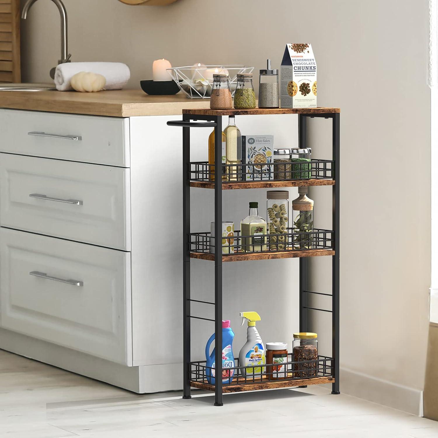 Slim Brown Wood and Metal 4-Tier Rolling Kitchen Cart