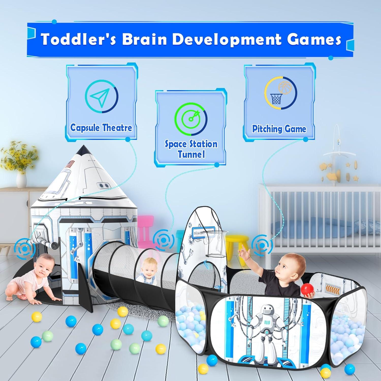 Rocket Ship Kids Play Tent: 3Pcs Toddlers Pop Up Ball Pit and Play Tunnel for Indoor Outdoor, Spaceship Baby Playhouse Toys for 1-3 Year Old Boys Girls (3 in 1 Kids Tent)