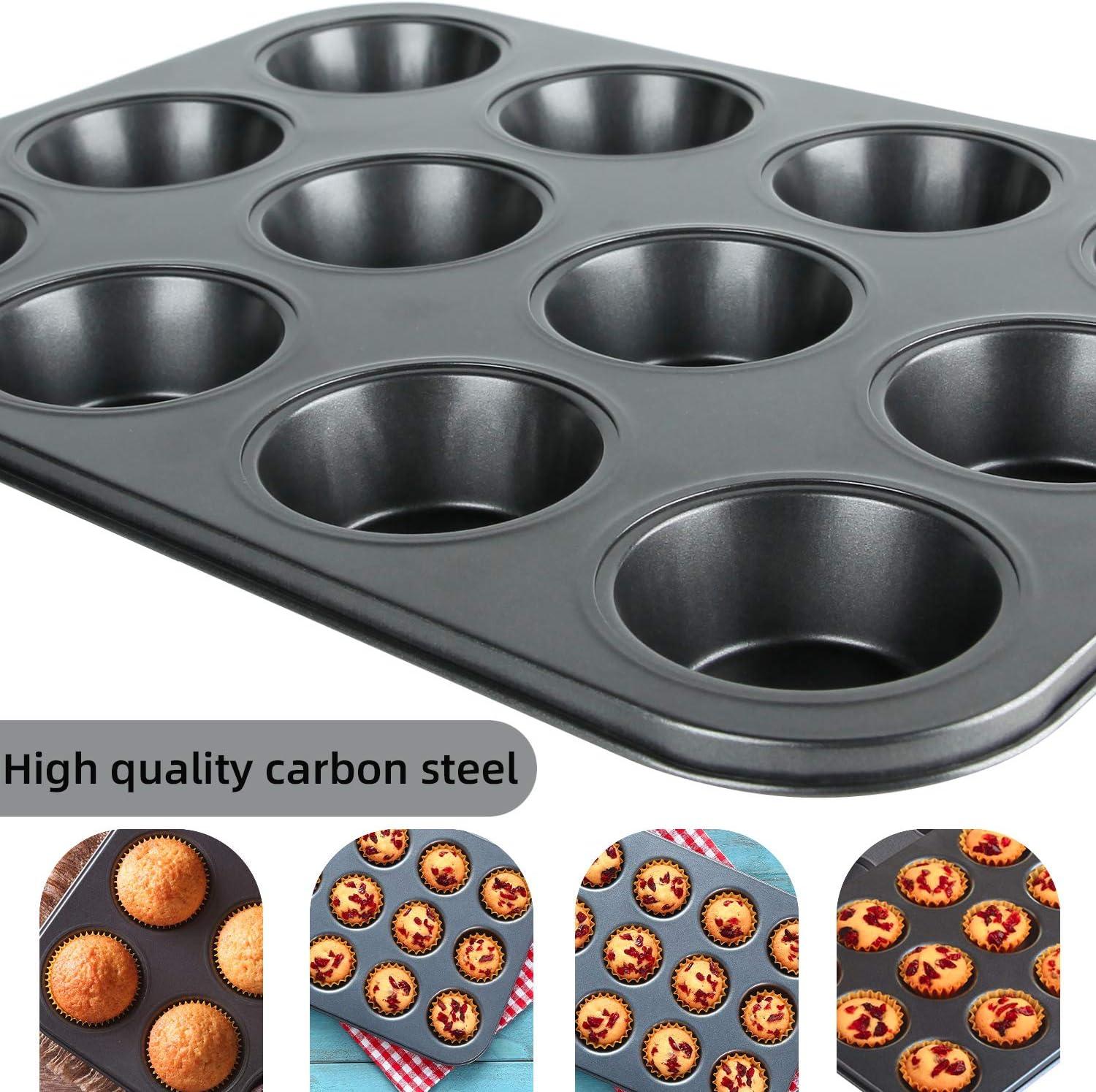 Muffin Pan, 12 Cupcake Pan, 2 Sets of Nonstick Brownie Bakeware Muffin Tin, Cupcake Tray, Baking Pan for Kitchen Oven, Black 13.9 x 10.5 x 1.2 inches