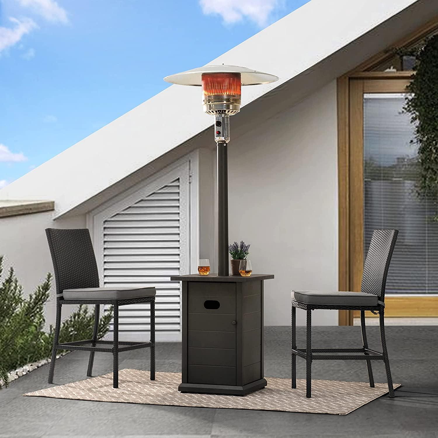 Gray Propane Patio Heater with Table and Safety Shut-Off