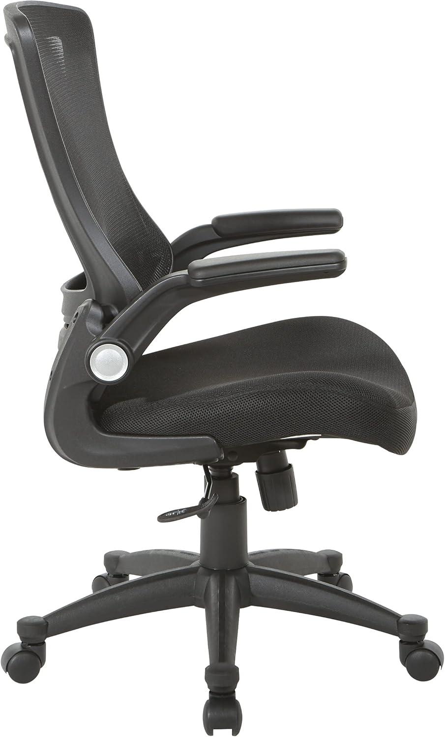 Office Star Products Screen Back Manager's Chair in Black Mesh Seat with PU Padded Flip Arms with Silver Accents