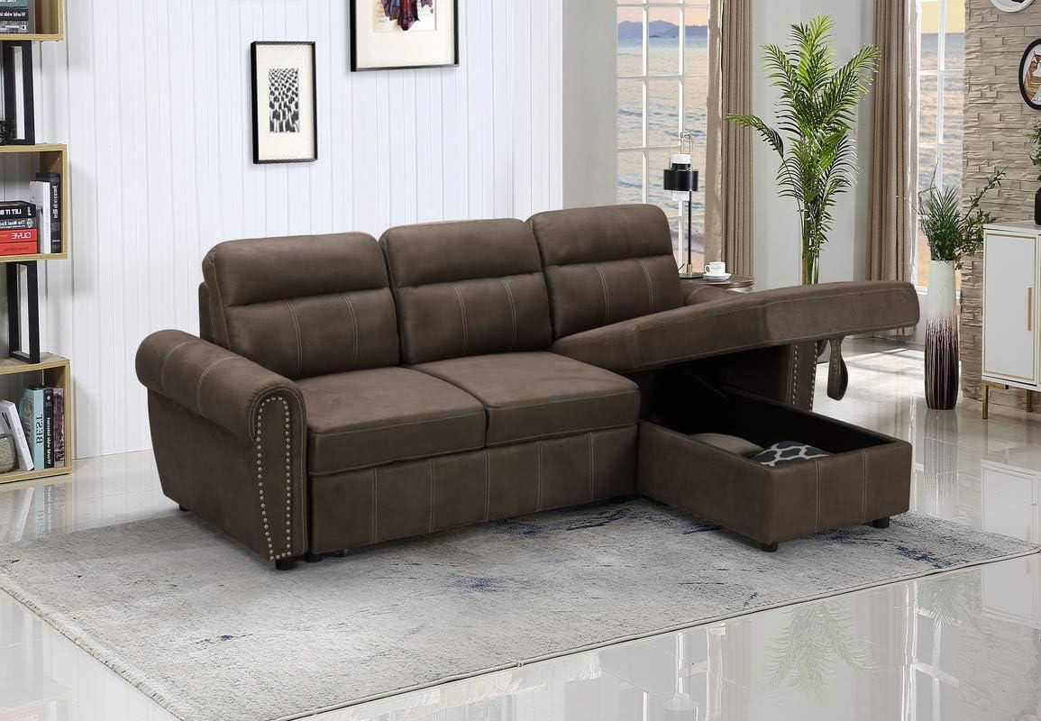 Ashton 96" Brown Microfiber Sectional with Nailhead Trim & Storage