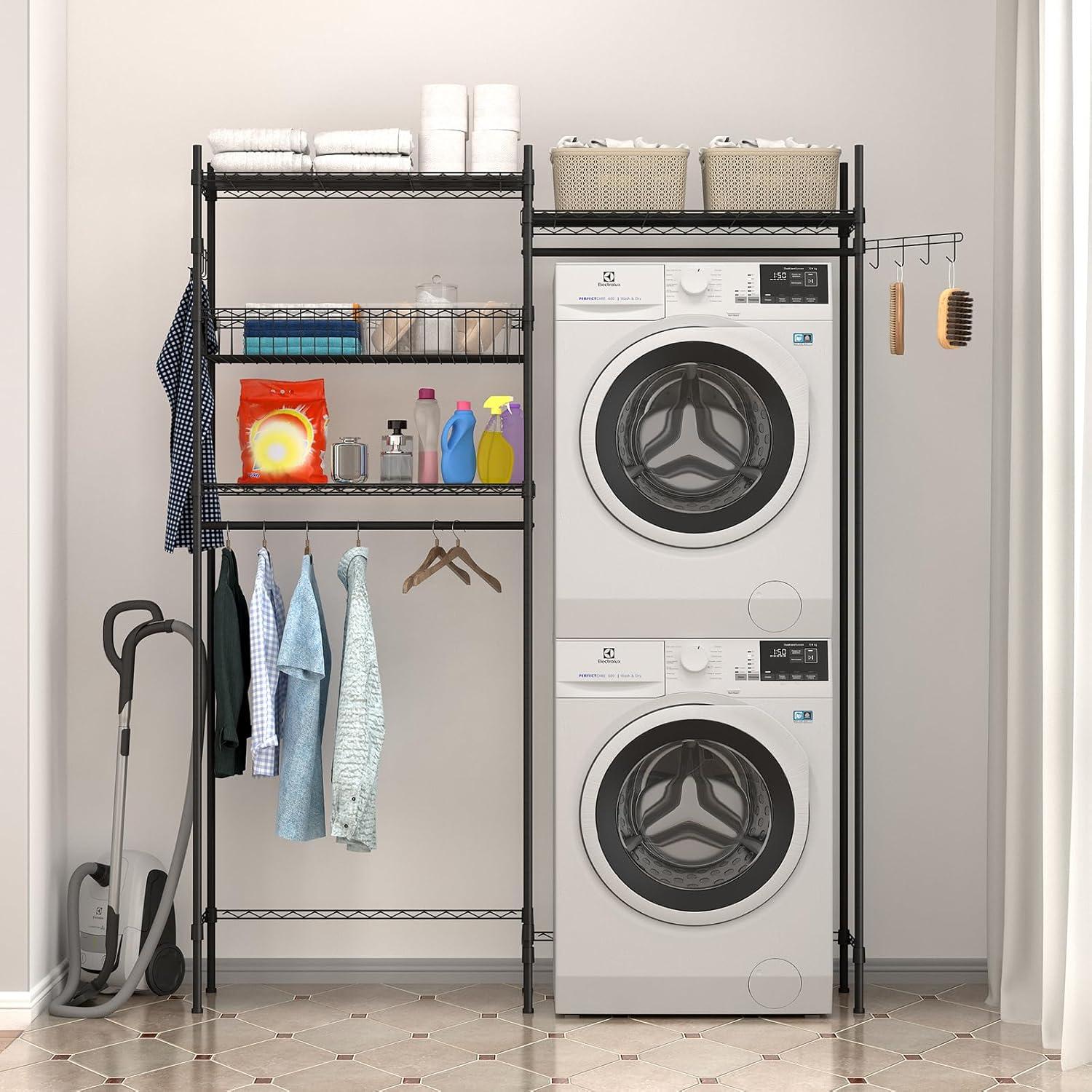 Kselythan Over Washer and Dryer Shelves,57.4" W Heavy Duty Laundry Room Storage Organization Clothes Drying Rack,Height Adjustable Towel Racks with Hamper and Hooks,Space Saving Shelf