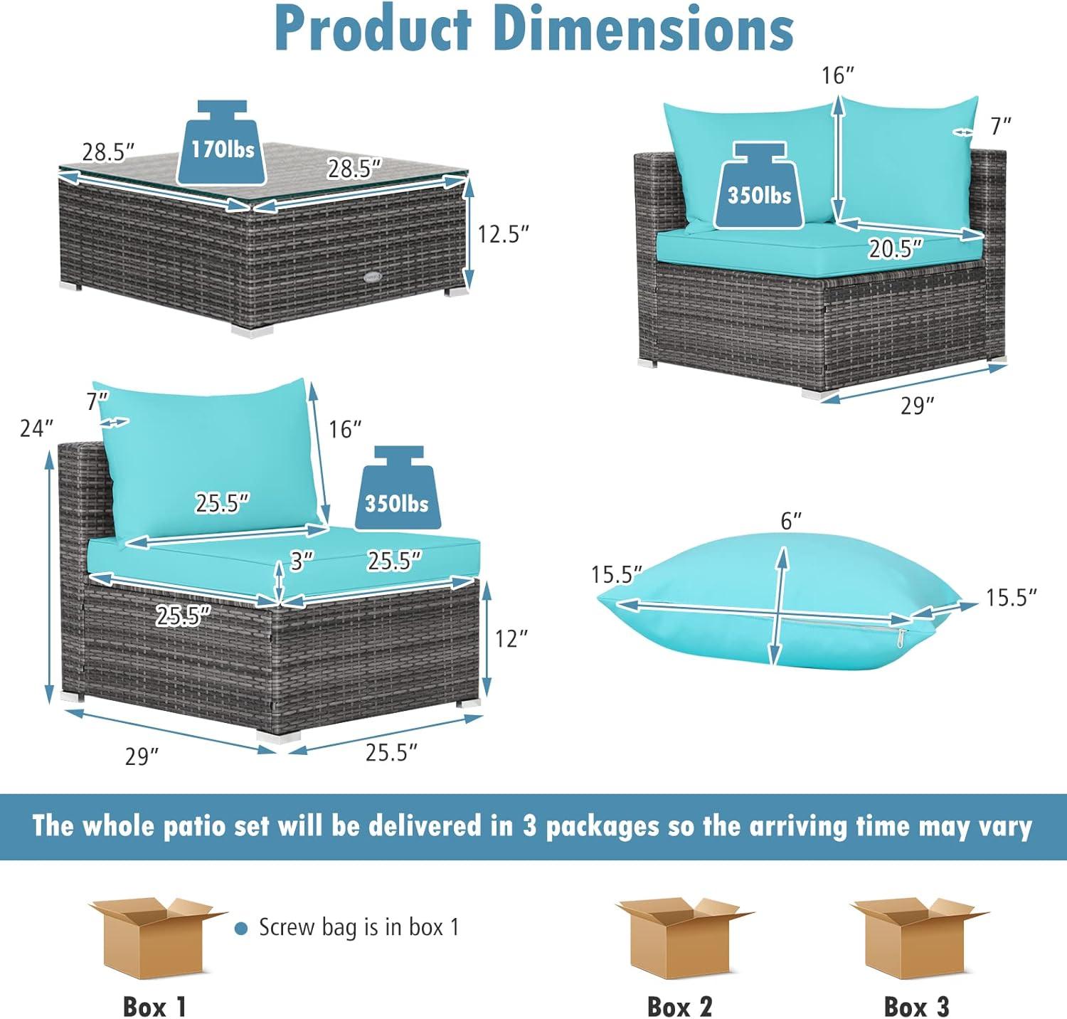 Costway 7PCS Patio Rattan Furniture Set Sectional Sofa Cushioned Turquoise