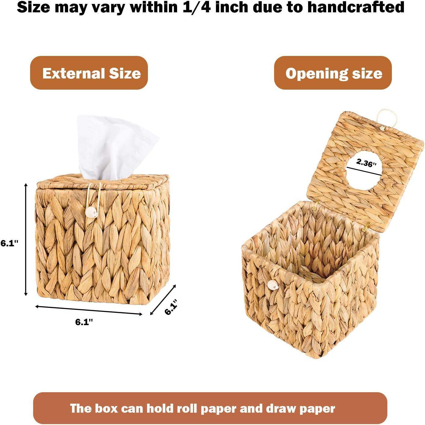 PINXIURY Water Hyacinth Handwoven Tissue Box Cover, Natural Handmade Wicker Napkin Box Holder, Handcrafted Square Facial Tissue, Rustic Decorative on Table and Bathroom, Office, Boho Decorative