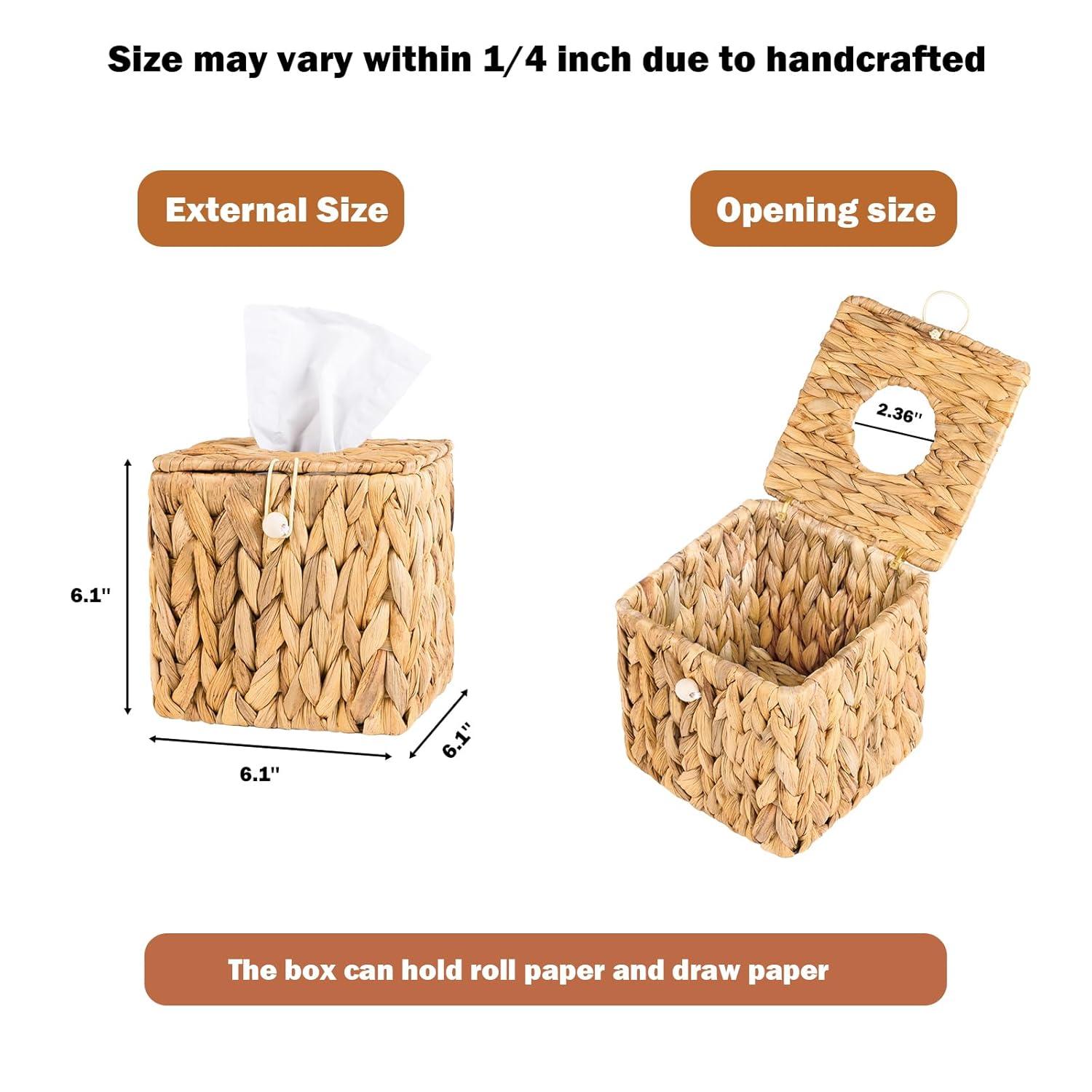 PINXIURY Water Hyacinth Handwoven Tissue Box Cover, Natural Handmade Wicker Napkin Box Holder, Handcrafted Square Facial Tissue, Rustic Decorative on Table and Bathroom, Office, Boho Decorative