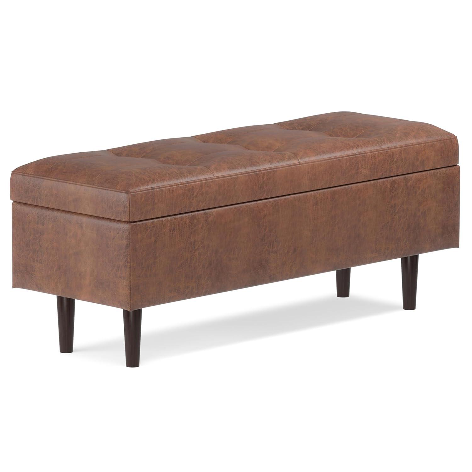 Simpli Home Shay 48 inch W. Modern Storage Ottoman in Distressed Saddle Brown Faux Leather