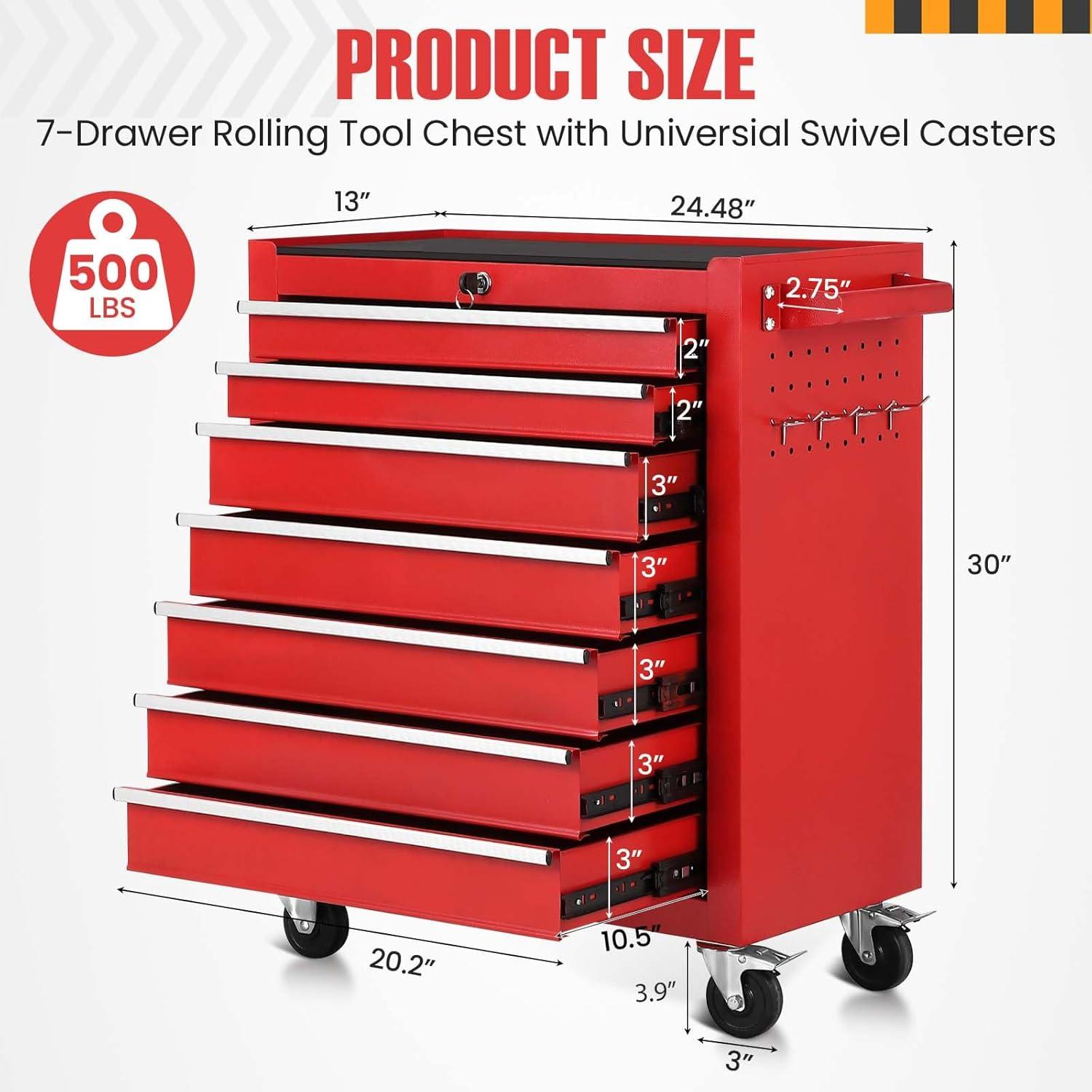 Red 7-Drawer Rolling Lockable Steel Tool Cart