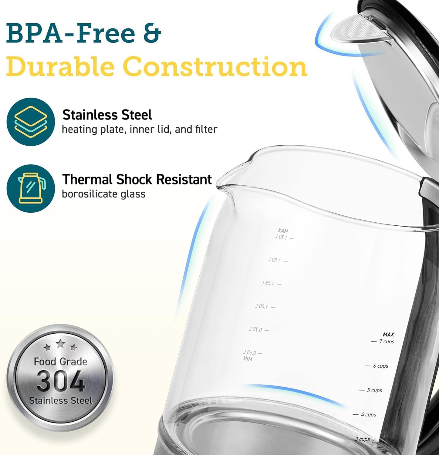 1.7L Stainless Steel and Glass Electric Kettle with Temperature Control