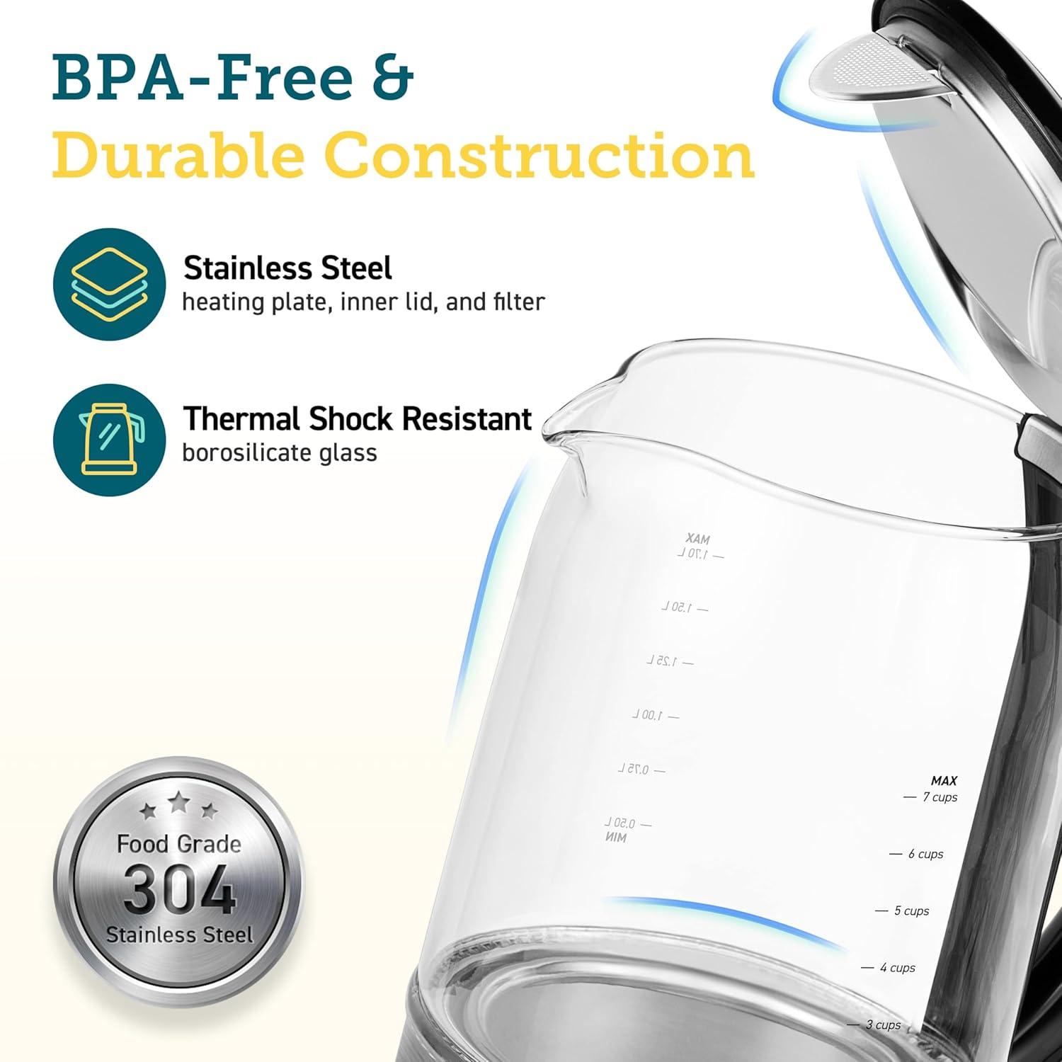 1.7L Stainless Steel and Glass Electric Kettle with Temperature Control