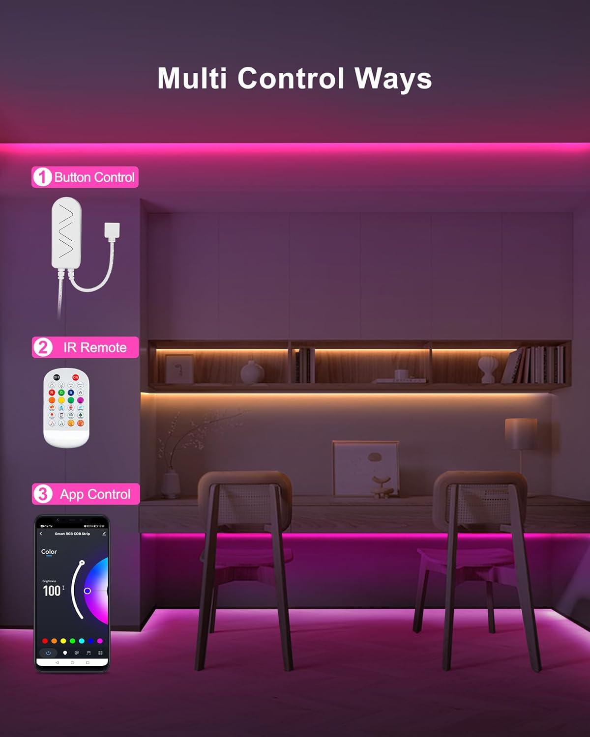 4.92ft Bluetooth RGB COB Led Strip Lights with Remote, Dimmable Smart App Led COB Light Strip, Color Changing Music Sync, Indoor RGB Led Lights for Bedroom, Home Christmas Decor, Party