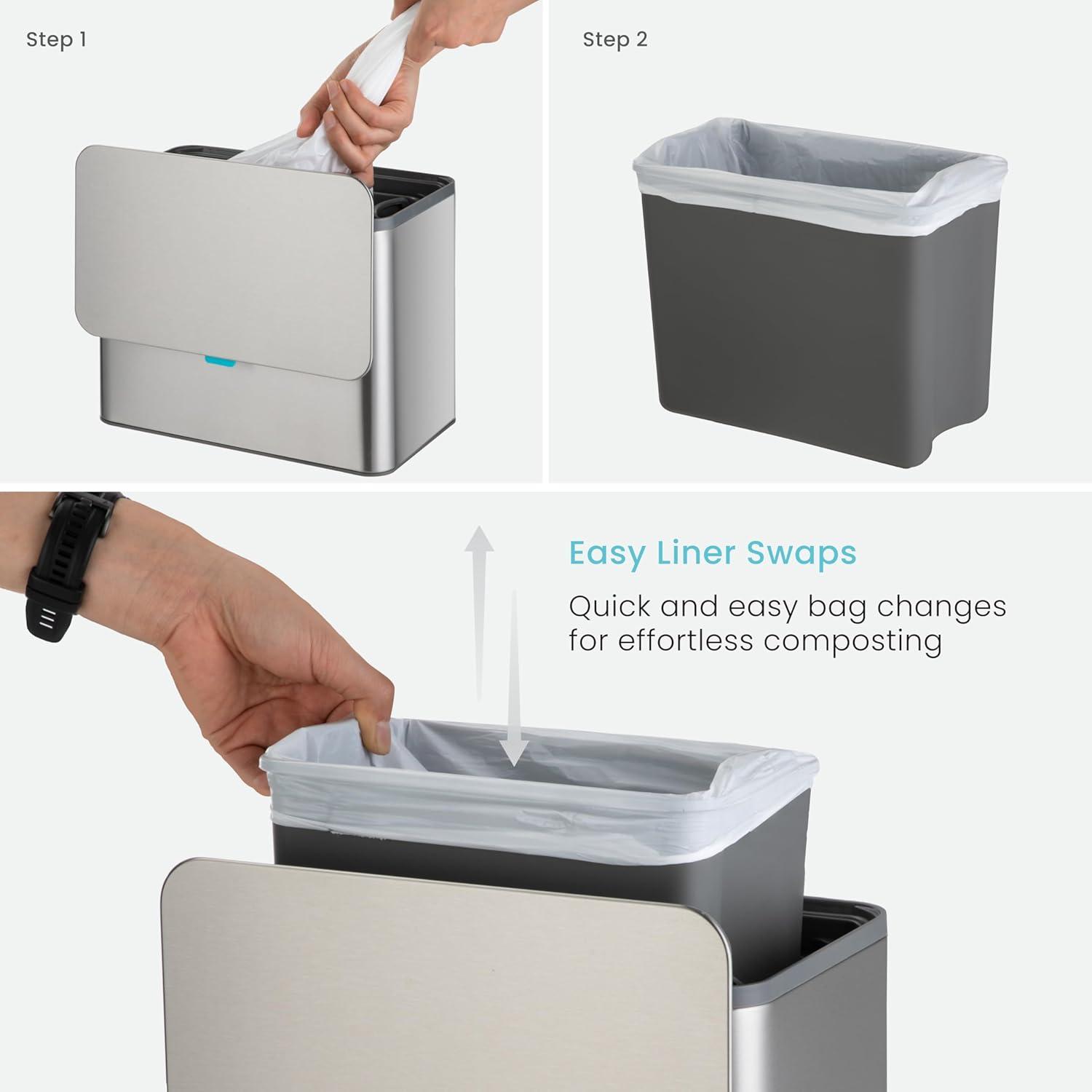 Home Zone Living Home Zone Living 5 Liter Kitchen Compost Caddy, Detachable And Countertop Bin Trash Can, With Cleanaura Odor Control, Stainless Steel, Silver