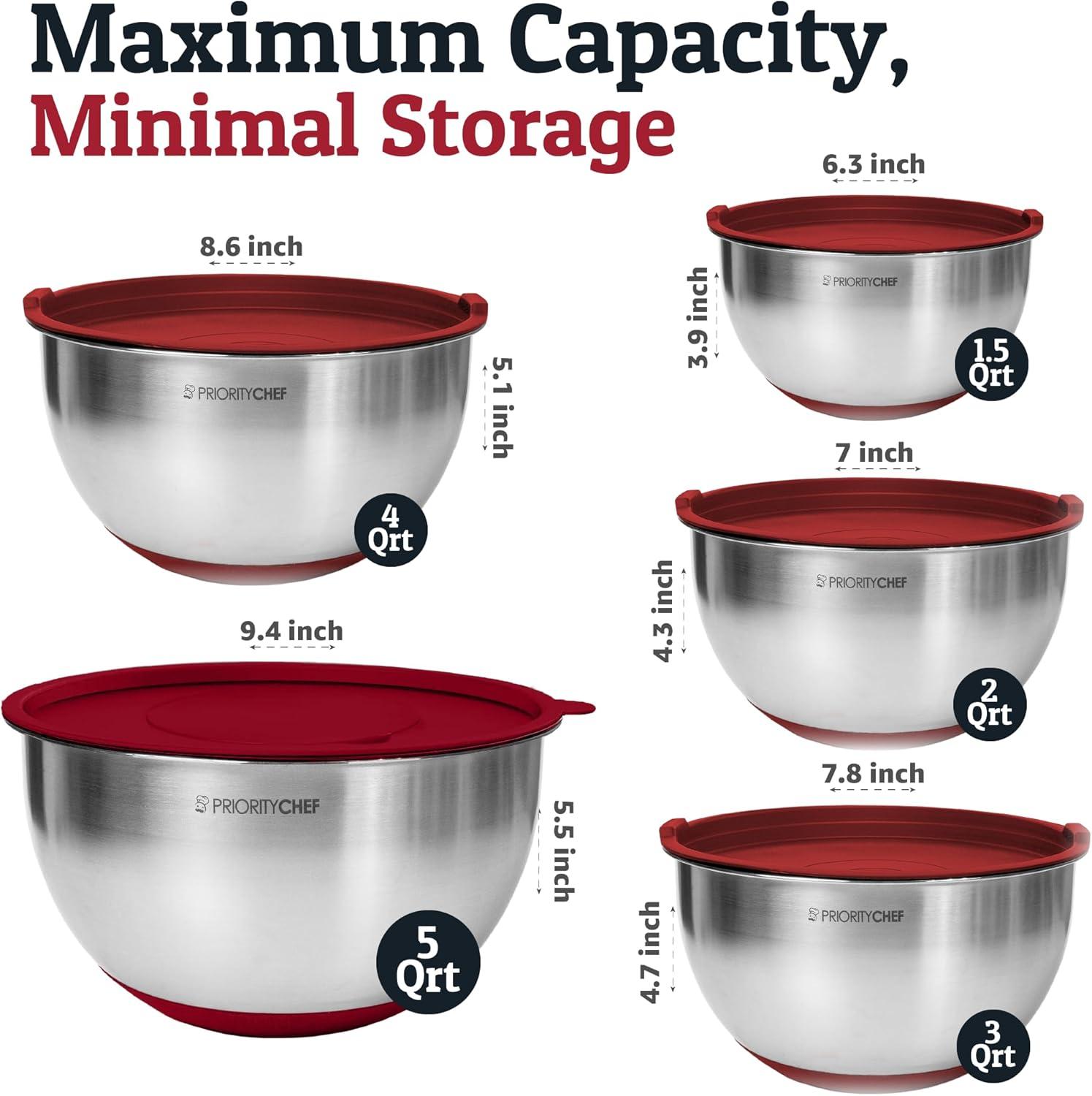 Mixing Bowls with Lids Set - Nesting Bowls with Airtight Lids + Graters - Stainless Steel Non-Slip Mixing Bowl for Baking, (Red, 5-Piece Set)