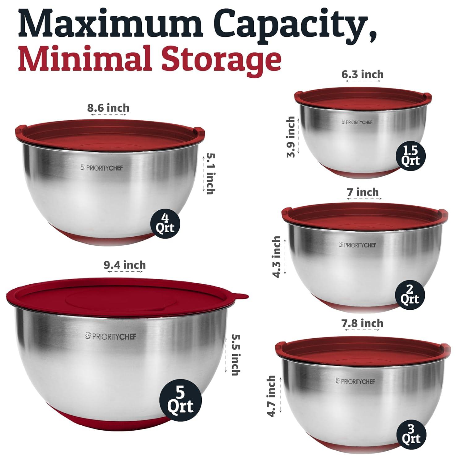 Mixing Bowls with Lids Set - Nesting Bowls with Airtight Lids + Graters - Stainless Steel Non-Slip Mixing Bowl for Baking, (Red, 5-Piece Set)