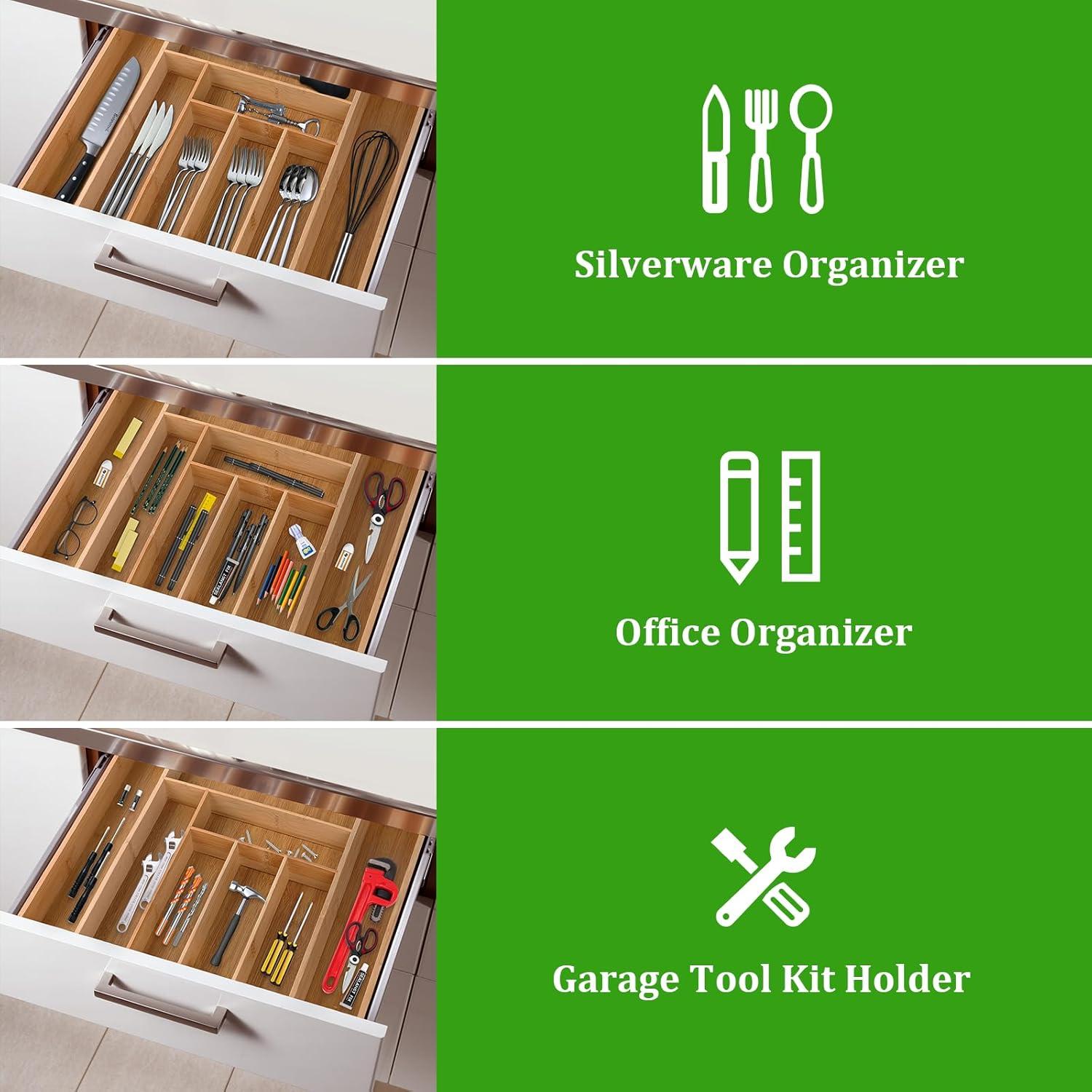 Kitchentrend Bamboo Expandable Drawer Organizer 6-8 Slot Kitchen Organizer Utensil Tray for Drawers 19.3x17.52x2.2 Inches