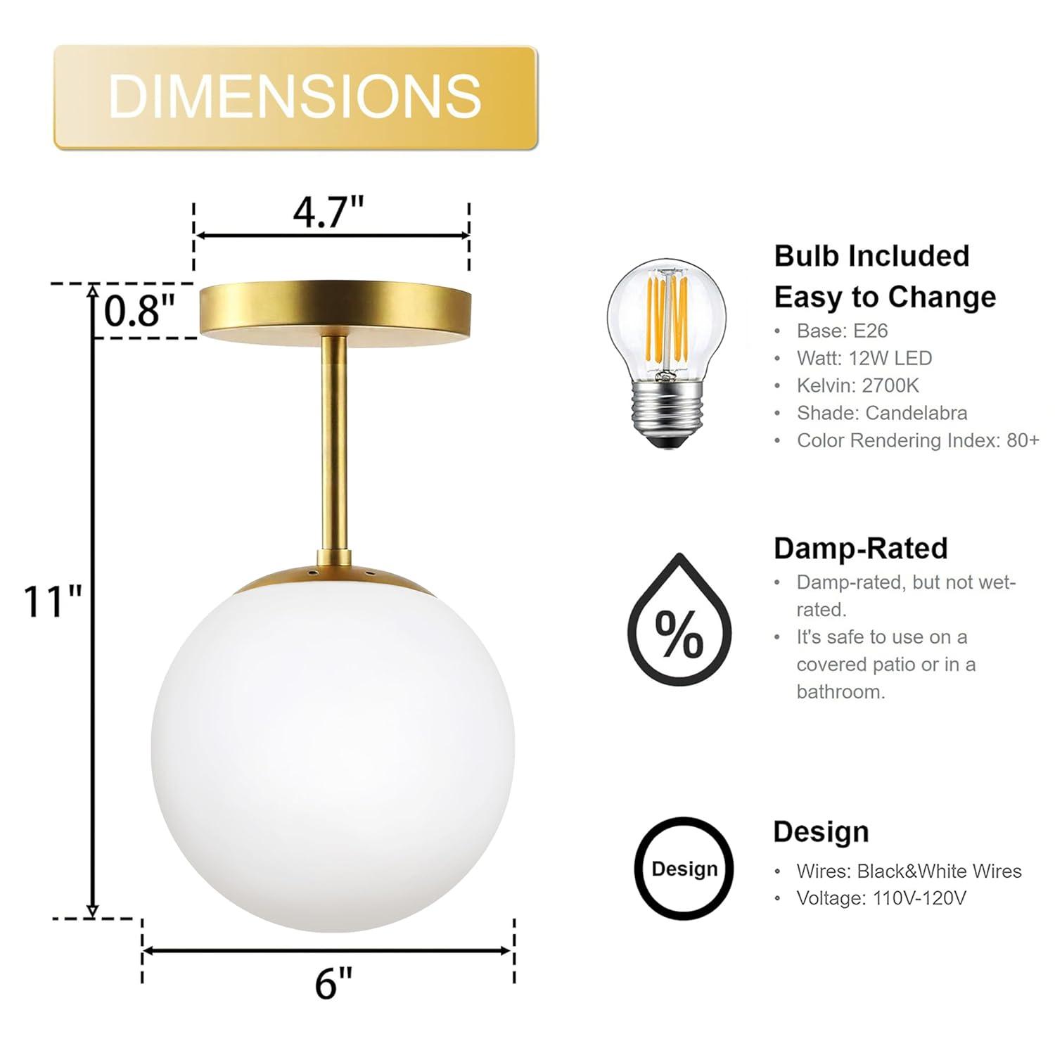 Mid Century Modern Globe Semi Flush Mount Ceiling Light Fixture Frosted Glass with Gold Brass Finish,1-Light Sphere Glass Pendant Lights for Aisle Porch Stairway Closet Kitchen Laundry Room(Bulb Incl)