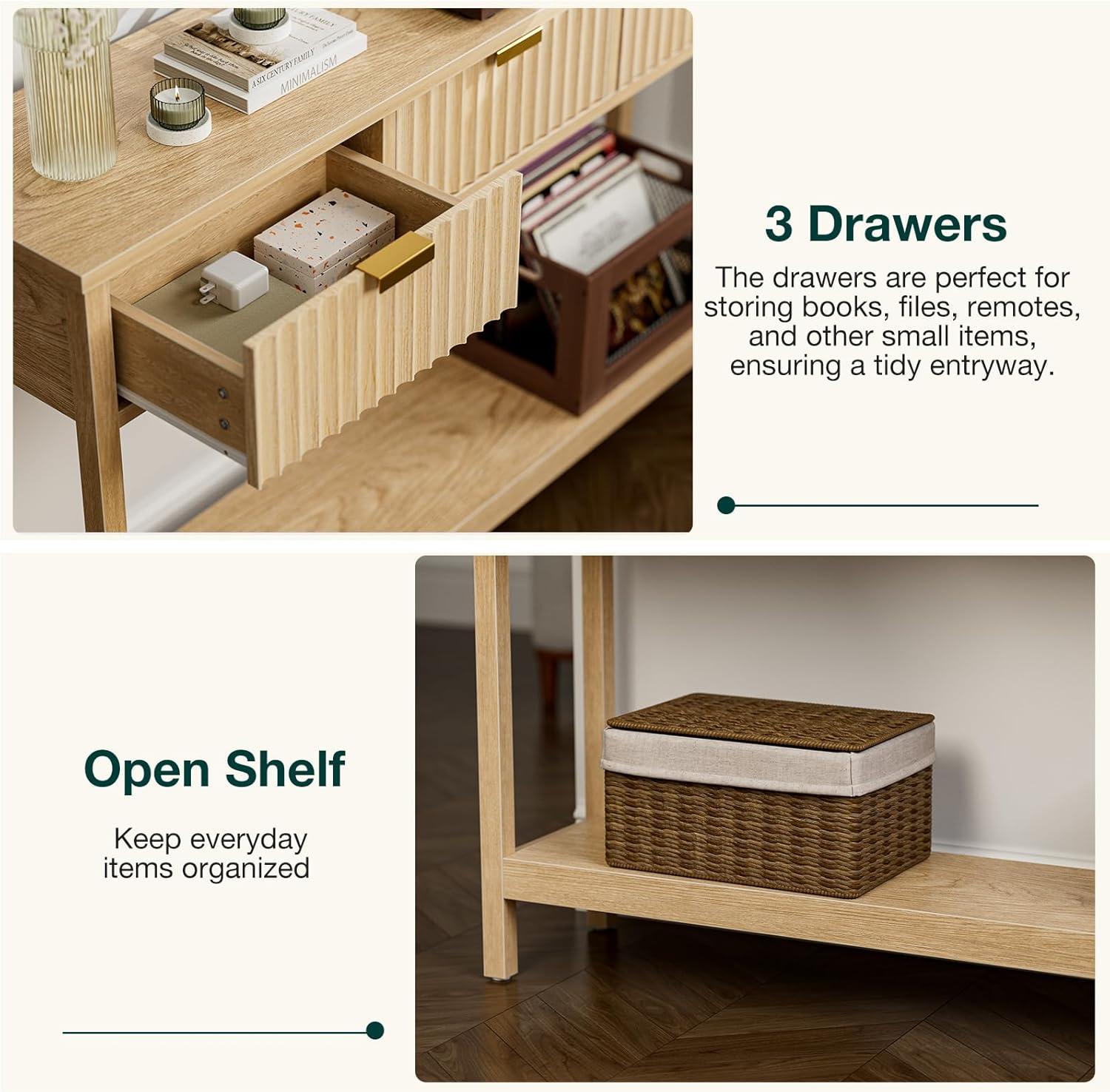 Latitude Run® Console Table With Storage, Boho Entryway Table With 3 Fluted Drawers And Shelf, Sofa Table For Living Room, Entryway, Hallway, Natural